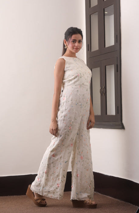 Off-White Viscose Organza Floral Resham Co-Ord Set