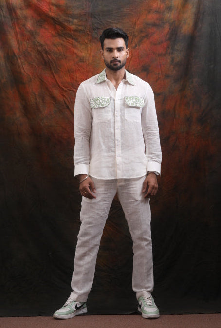 White Linen Shirt and Green Embroidered Pant Co-Ord Set for Men