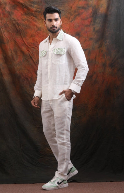 White Linen Shirt and Green Embroidered Pant Co-Ord Set for Men