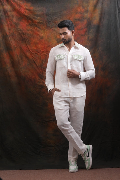 White Linen Shirt and Green Embroidered Pant Co-Ord Set for Men