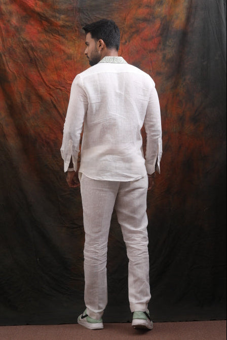 White Linen Shirt and Green Embroidered Pant Co-Ord Set for Men