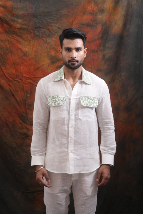White Linen Shirt and Green Embroidered Pant Co-Ord Set for Men
