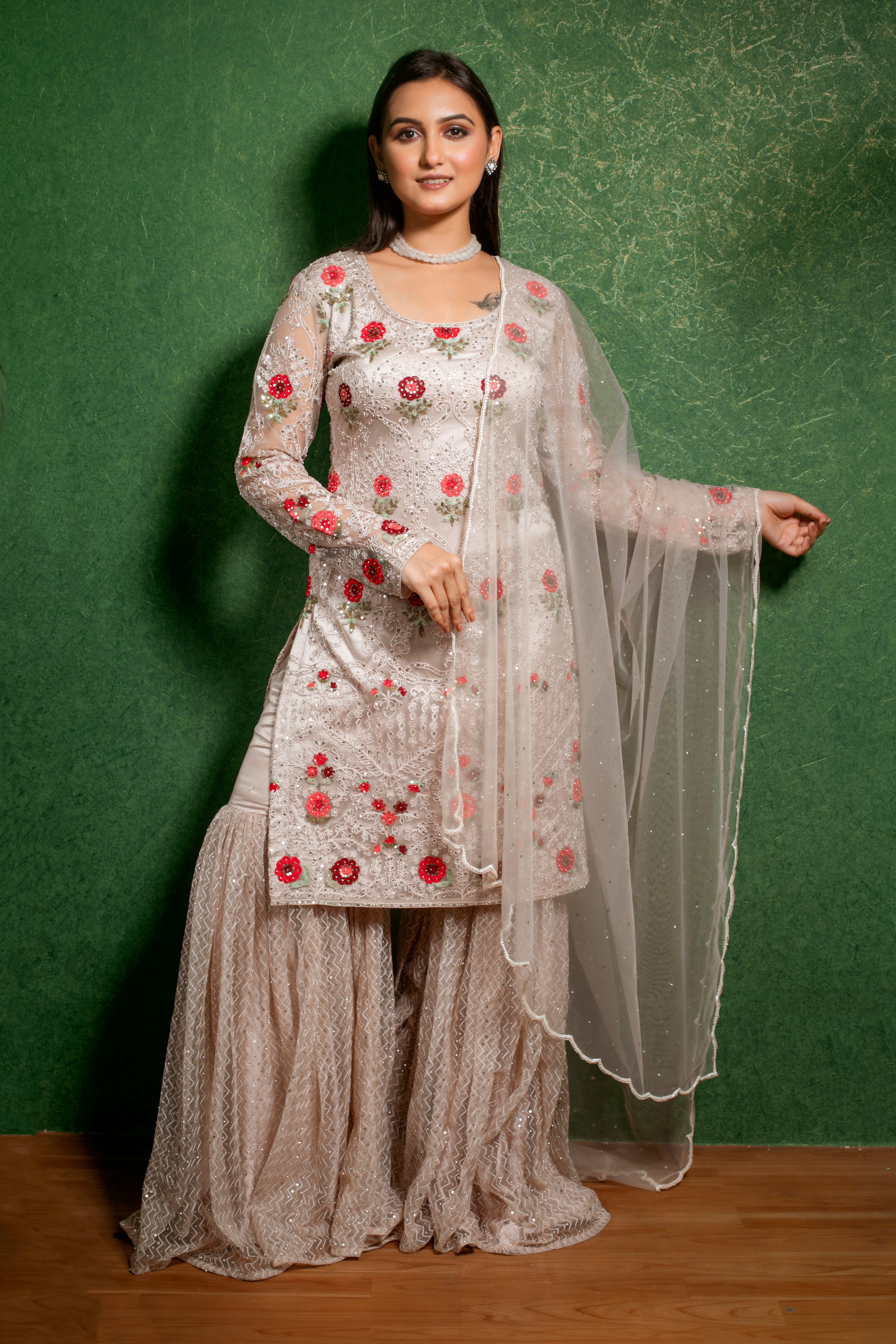 Beige Net Kurta Sharara Set with Dupatta