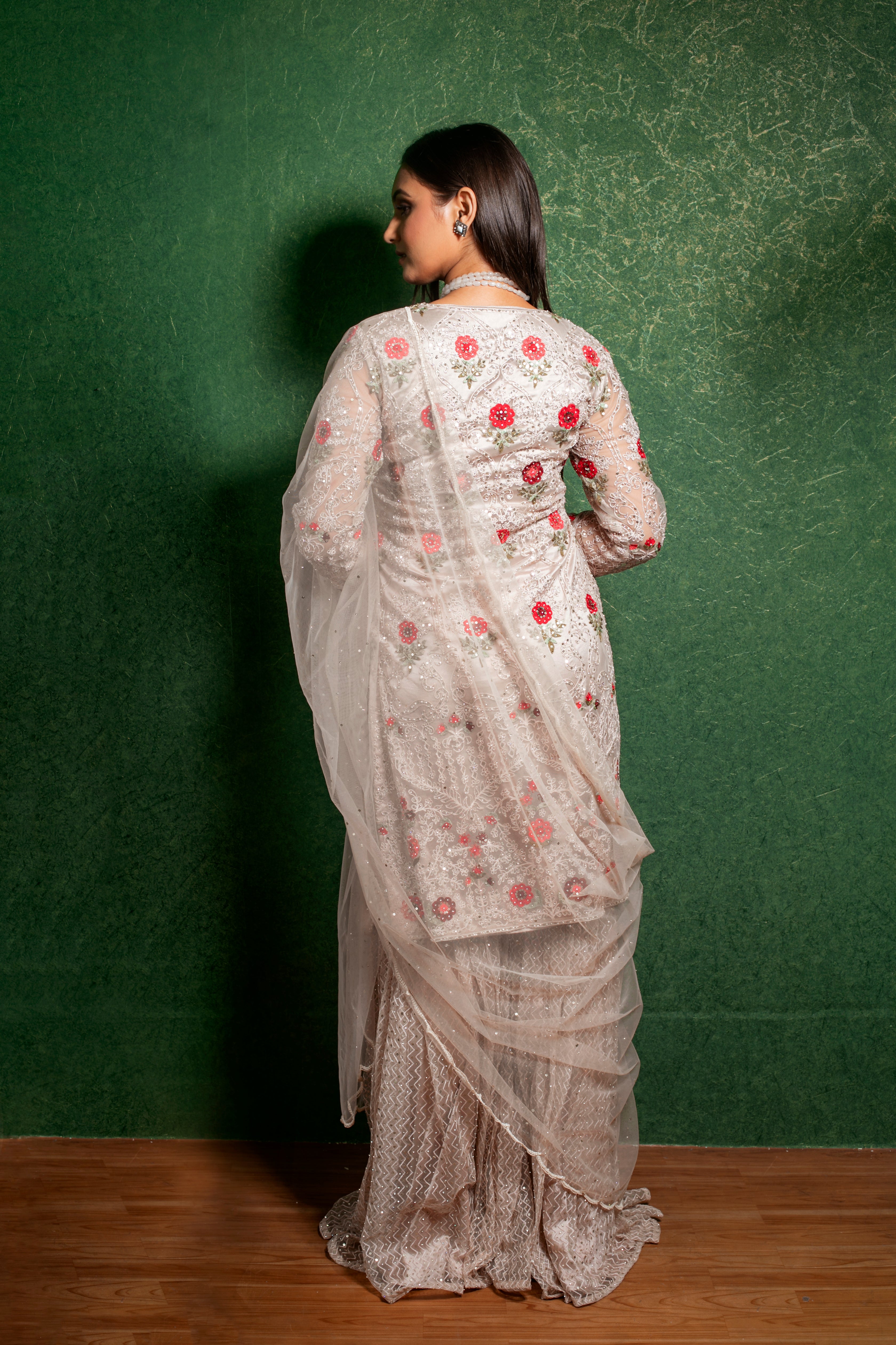 Beige Net Kurta Sharara Set with Dupatta