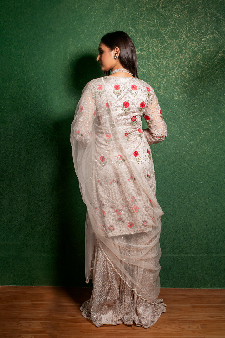 Beige Net Kurta Sharara Set with Dupatta