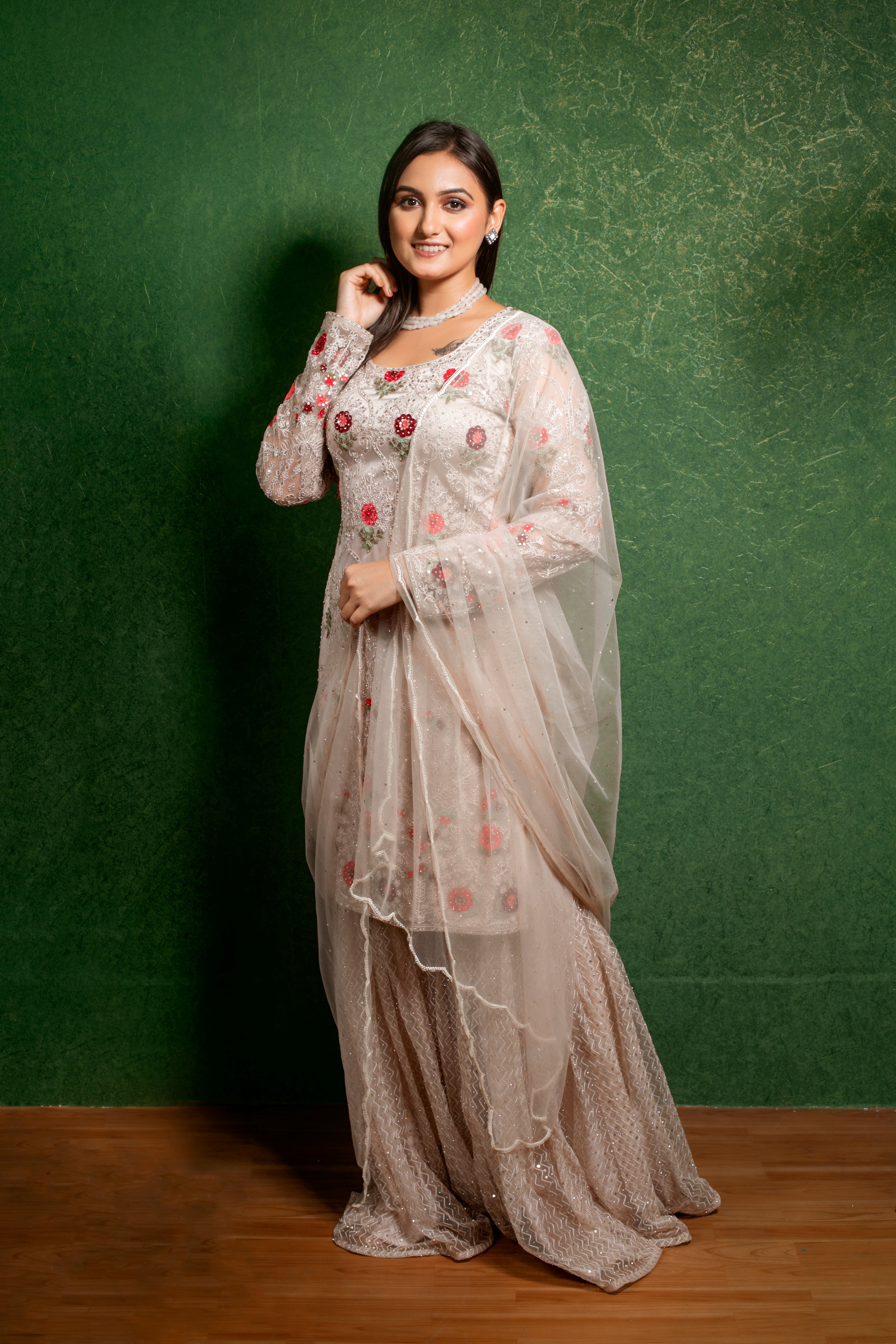 Beige Net Kurta Sharara Set with Dupatta