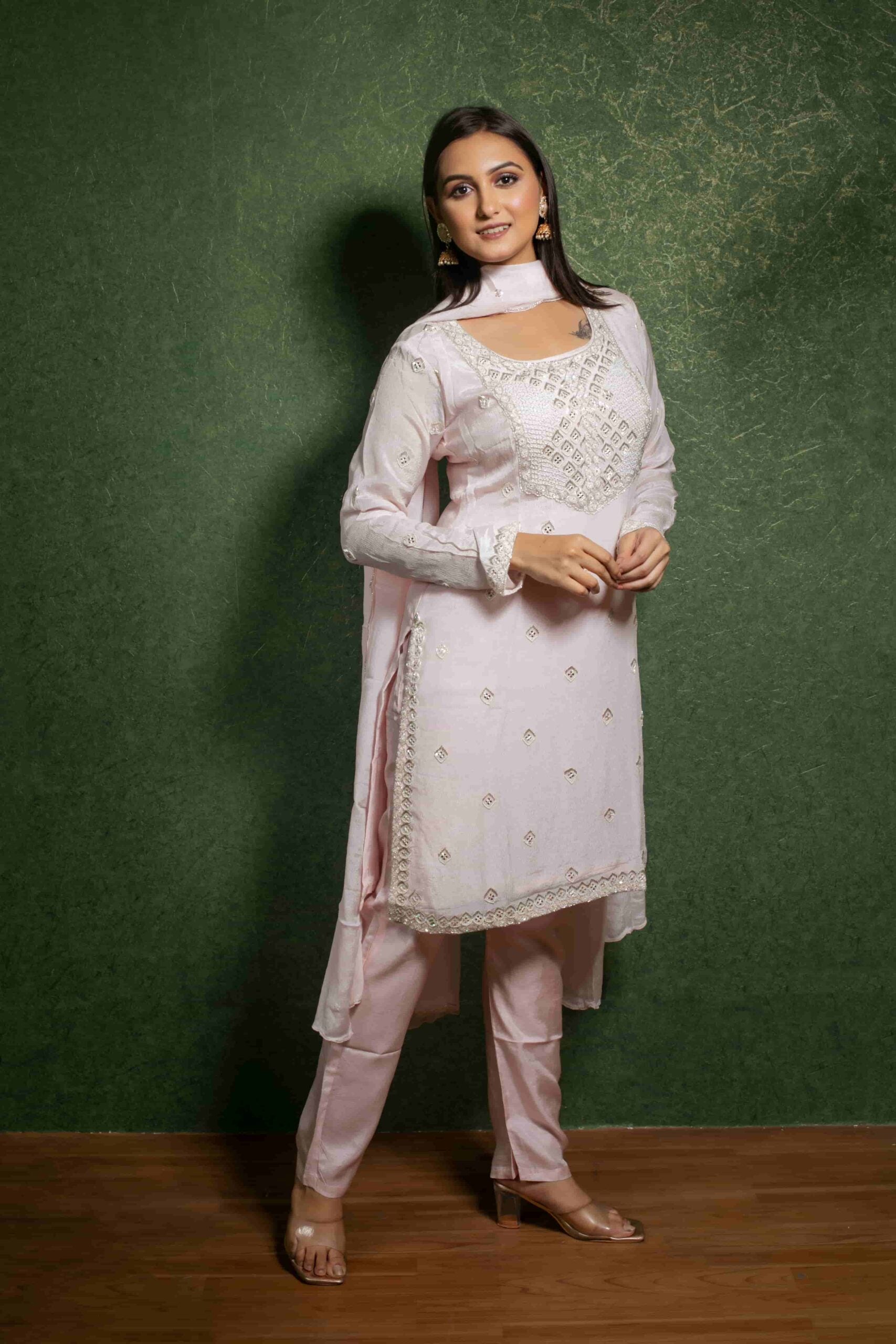 Delicate Hand-Embroidered Pink Suit Set