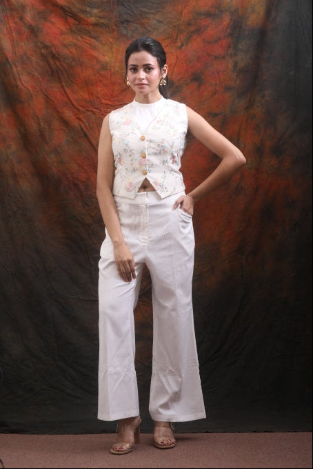 White Katan Co-ord Set with Embroidery