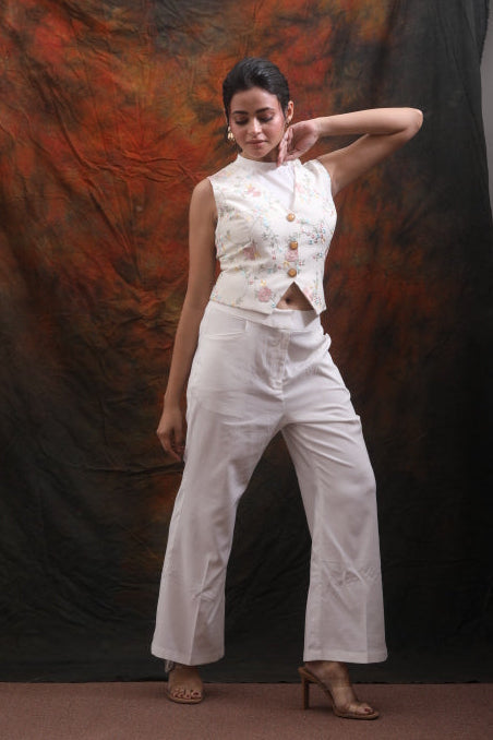 White Katan Co-ord Set with Embroidery