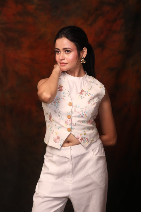 White Katan Co-ord Set with Embroidery