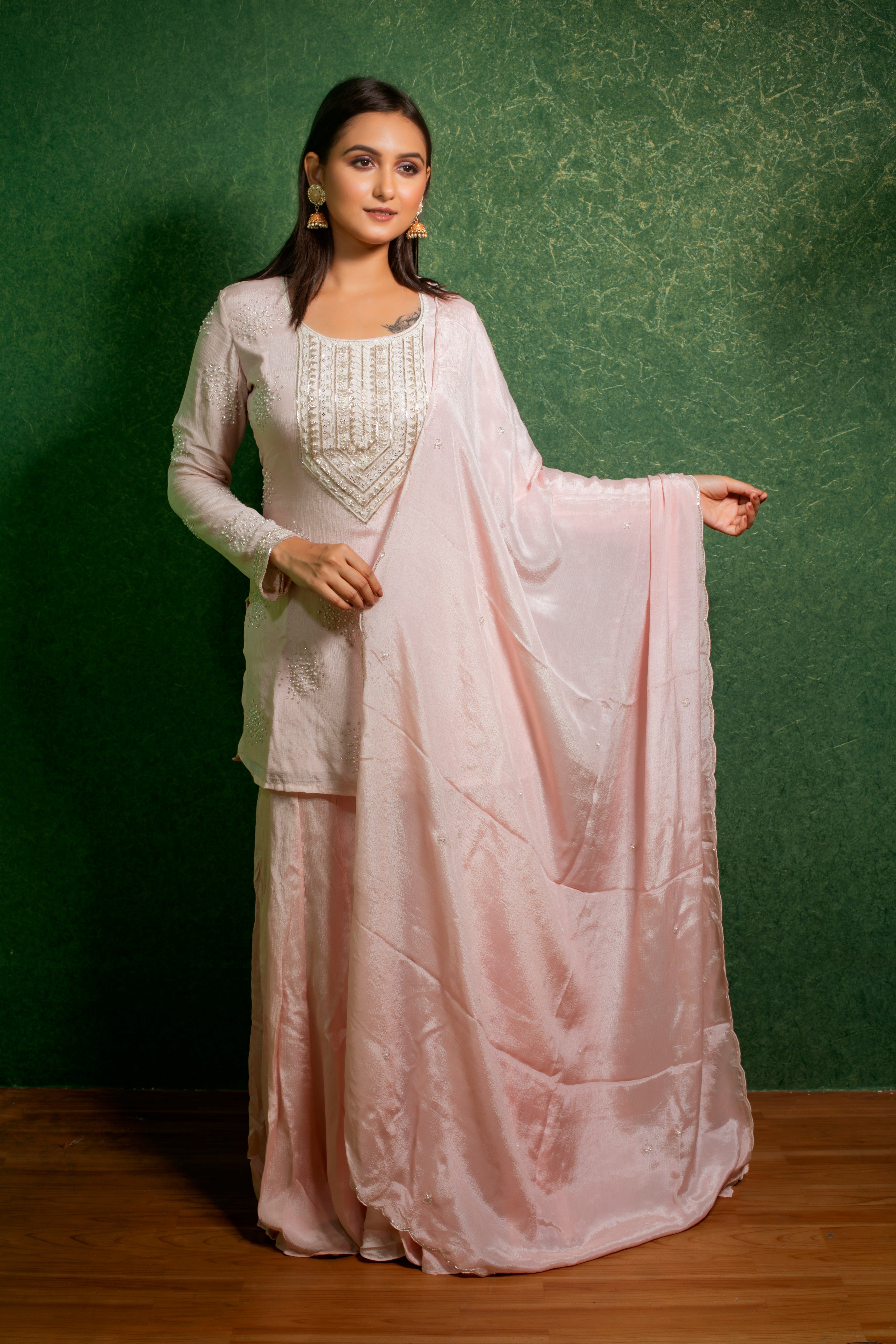 Light Pink Chinnon Kurta Sharara Dupatta Set With Hand Embroidered