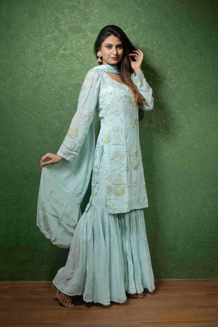 Embroidered Firoza Chinnon Kurta Sharara Set with Dupatta