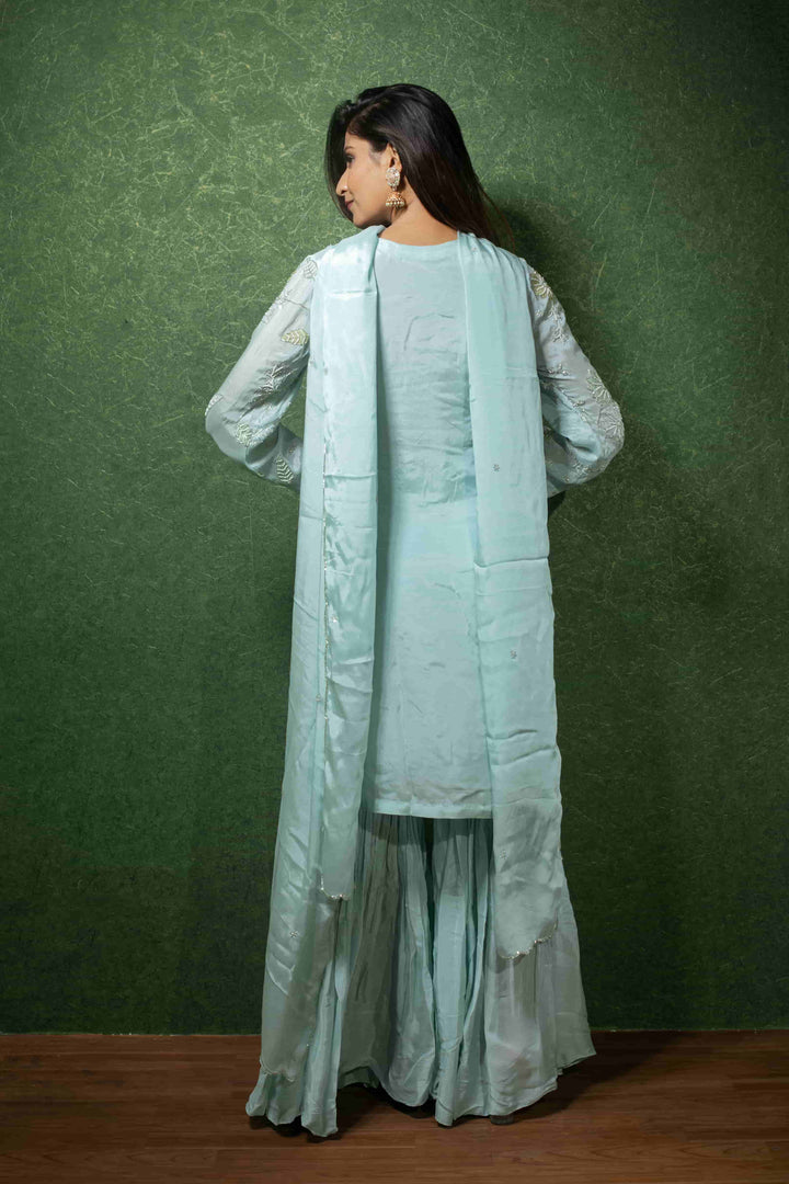 Embroidered Firoza Chinnon Kurta Sharara Set with Dupatta