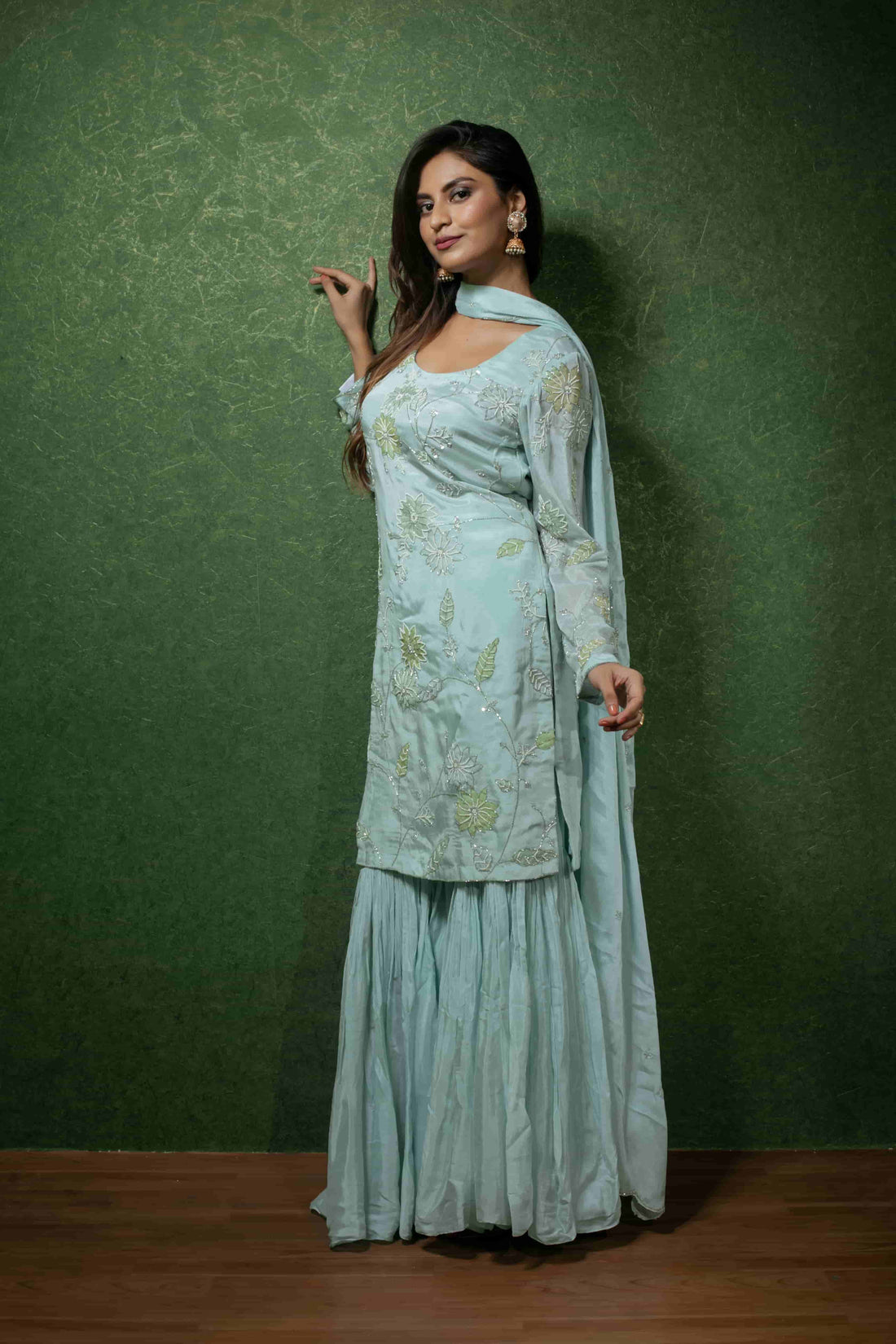 Embroidered Firoza Chinnon Kurta Sharara Set with Dupatta