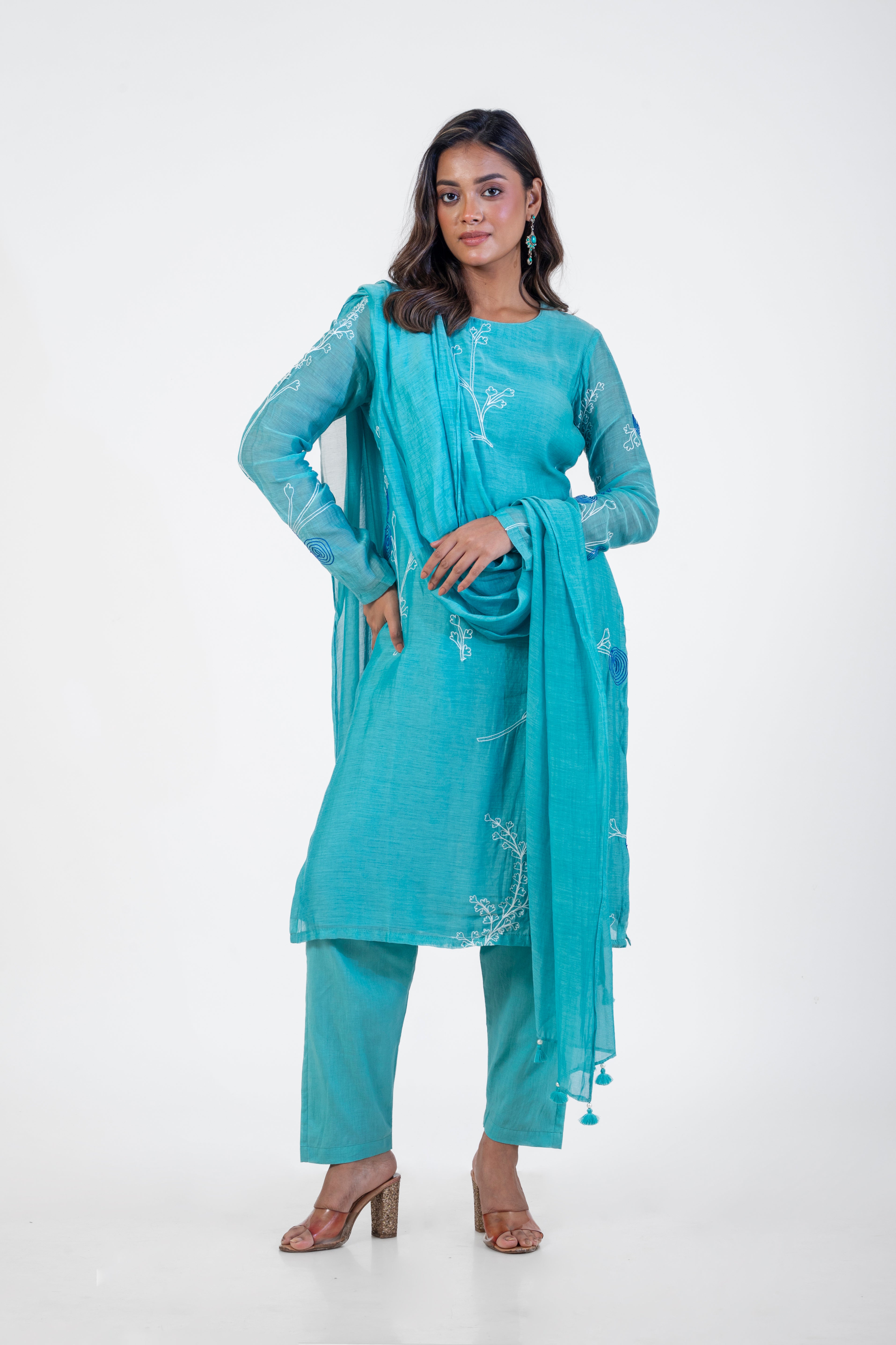 Aqua Chanderi Silk Kurta Set with Dupatta