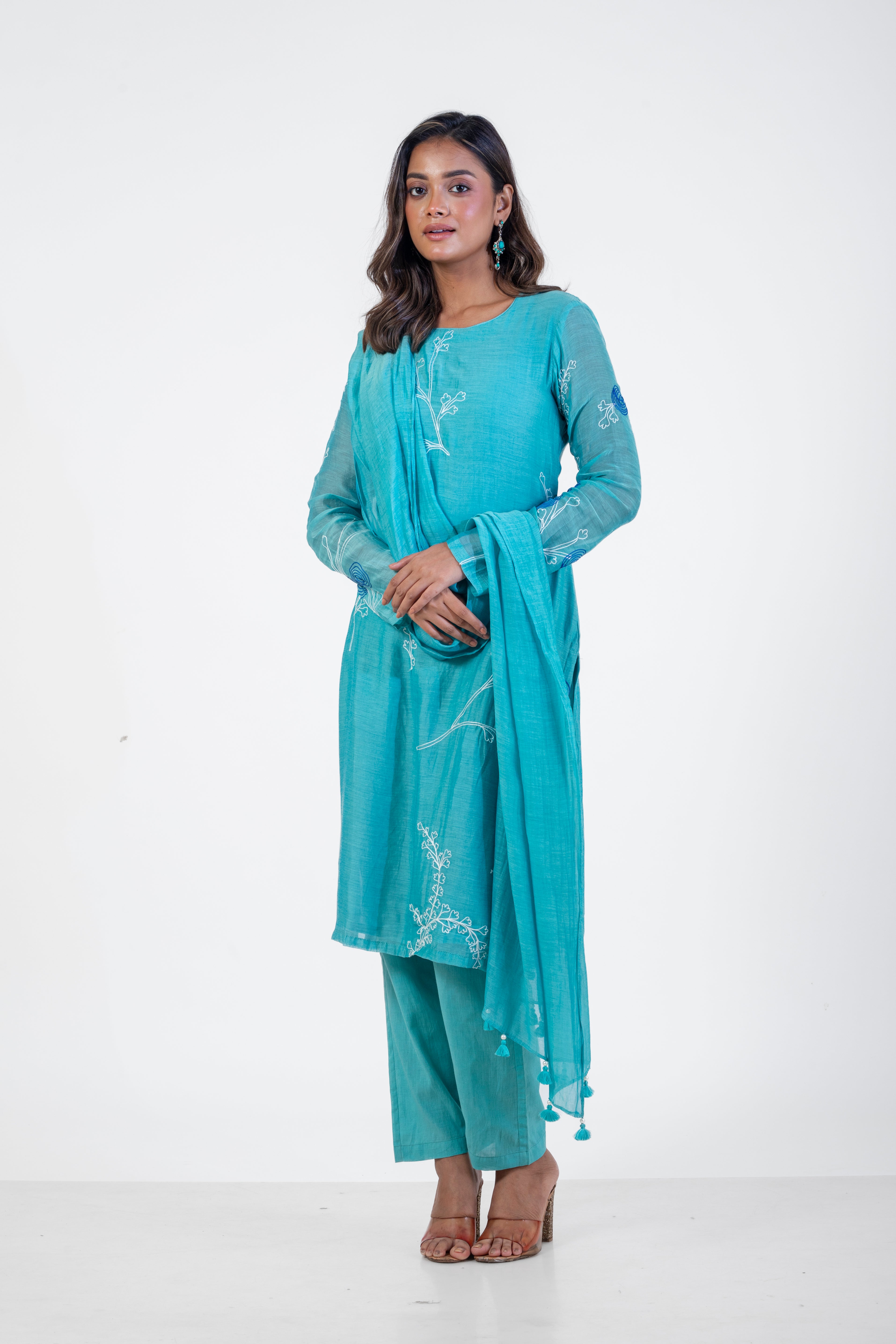 Aqua Chanderi Silk Kurta Set with Dupatta