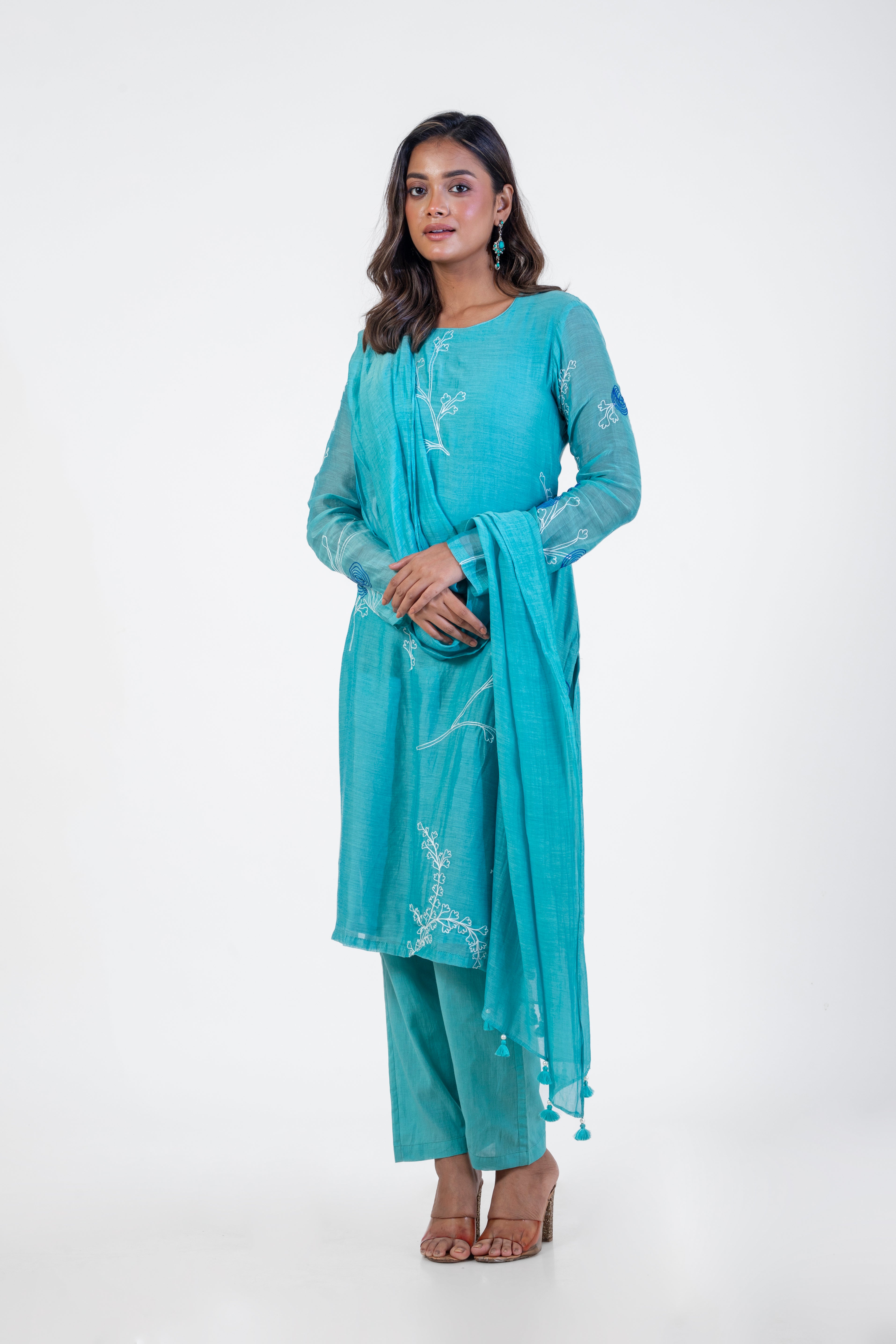 Aqua Chanderi Silk Kurta Set with Dupatta