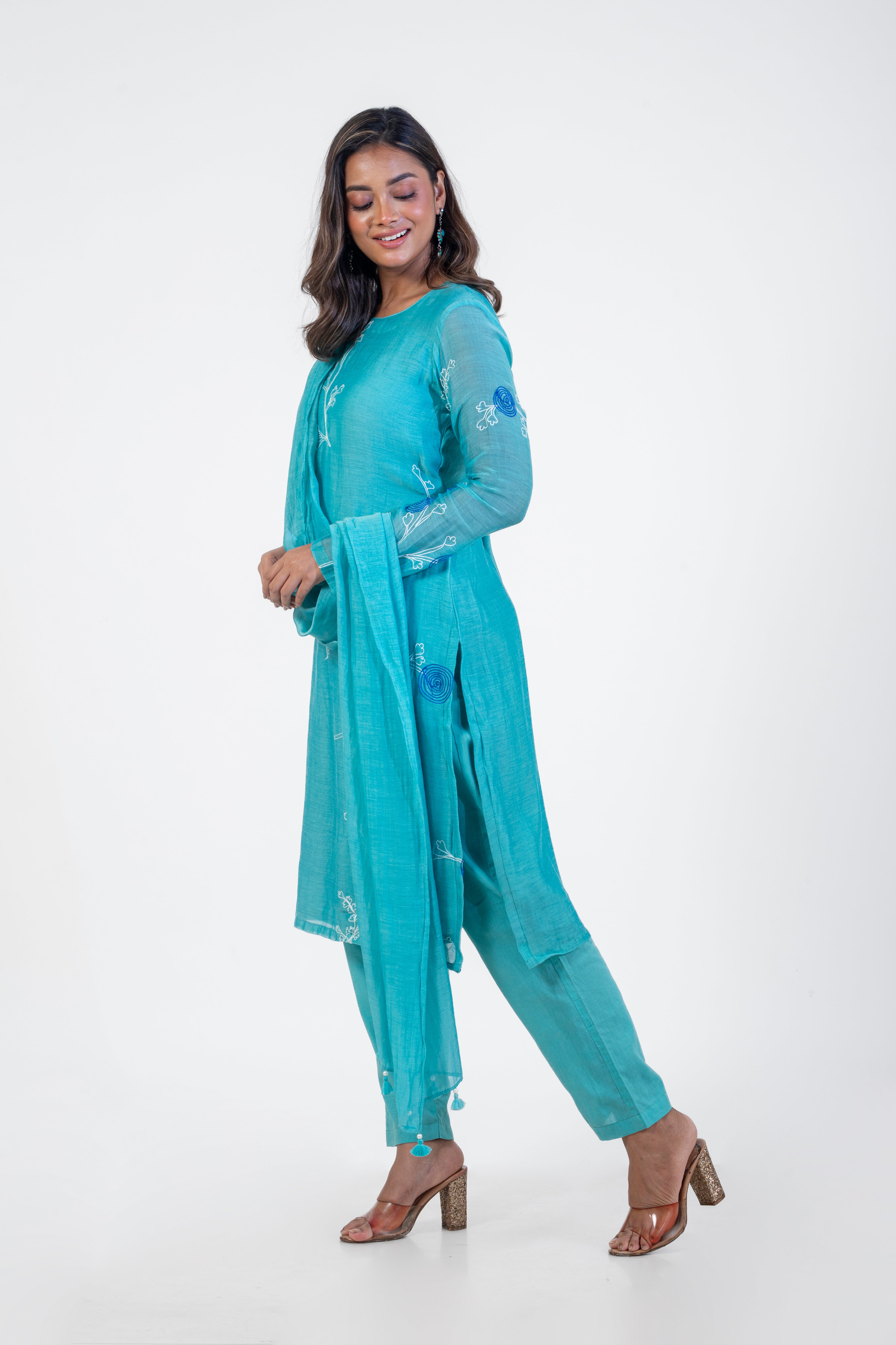 Aqua Chanderi Silk Kurta Set with Dupatta