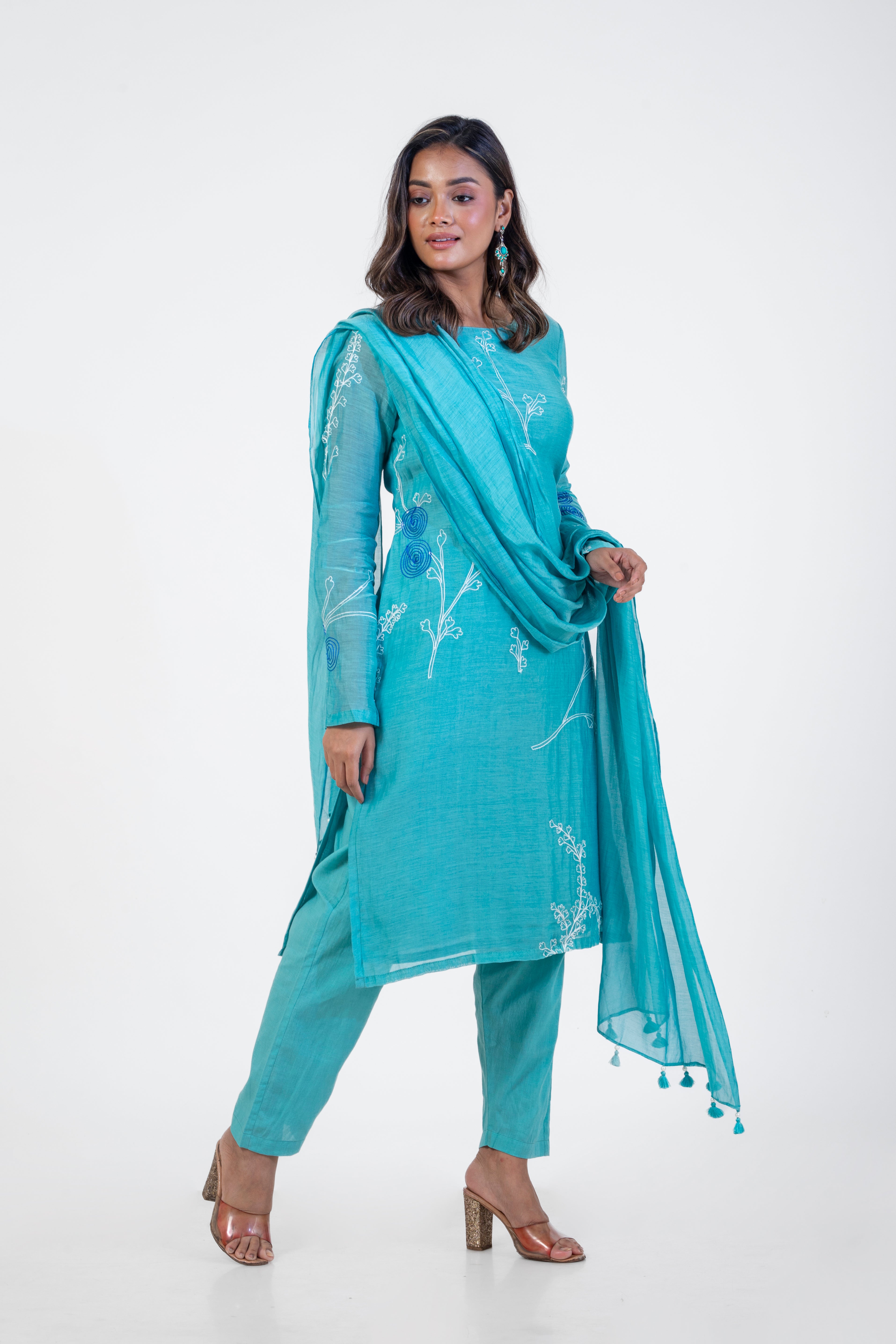 Aqua Chanderi Silk Kurta Set with Dupatta