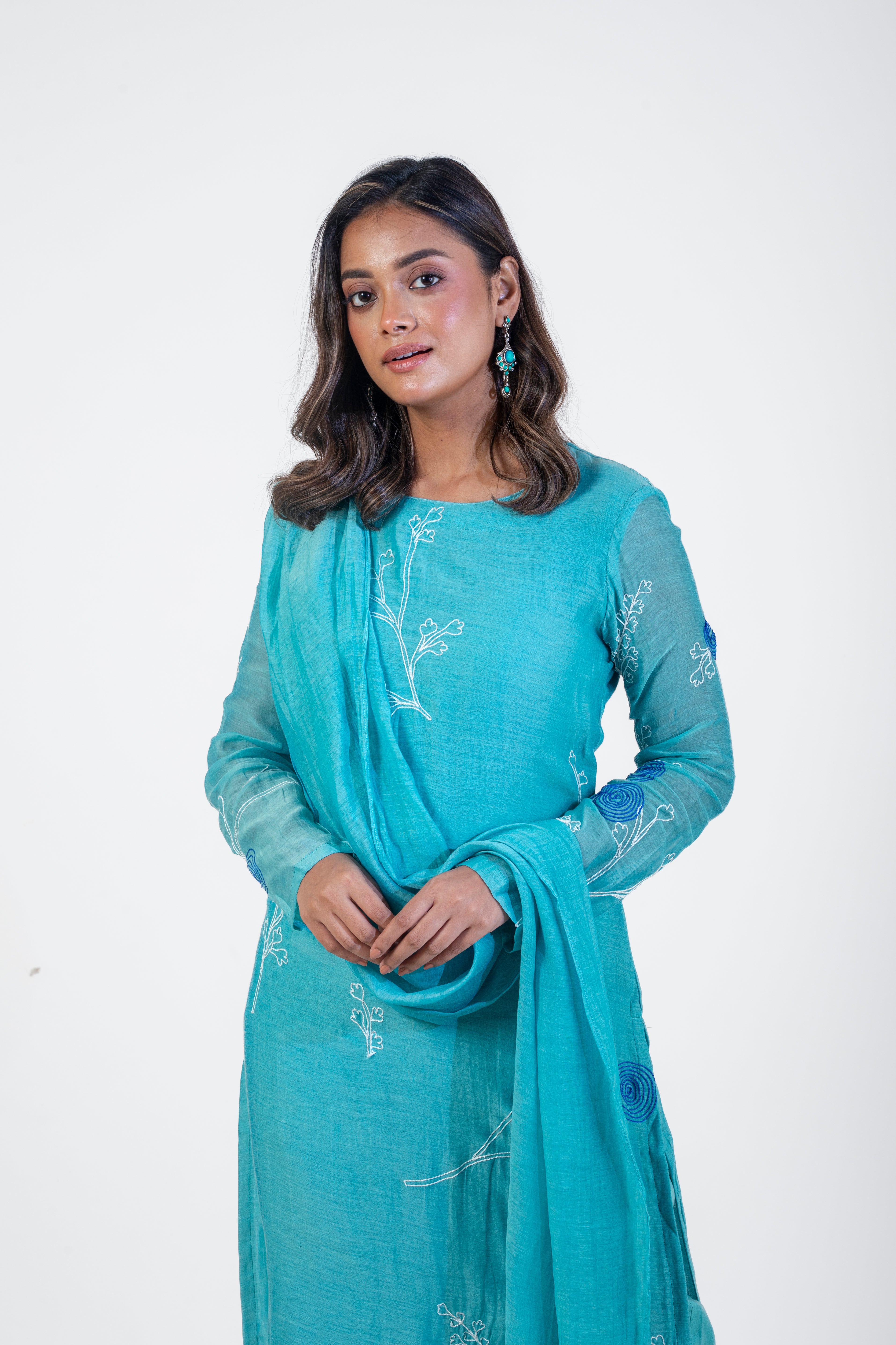 Aqua Chanderi Silk Kurta Set with Dupatta