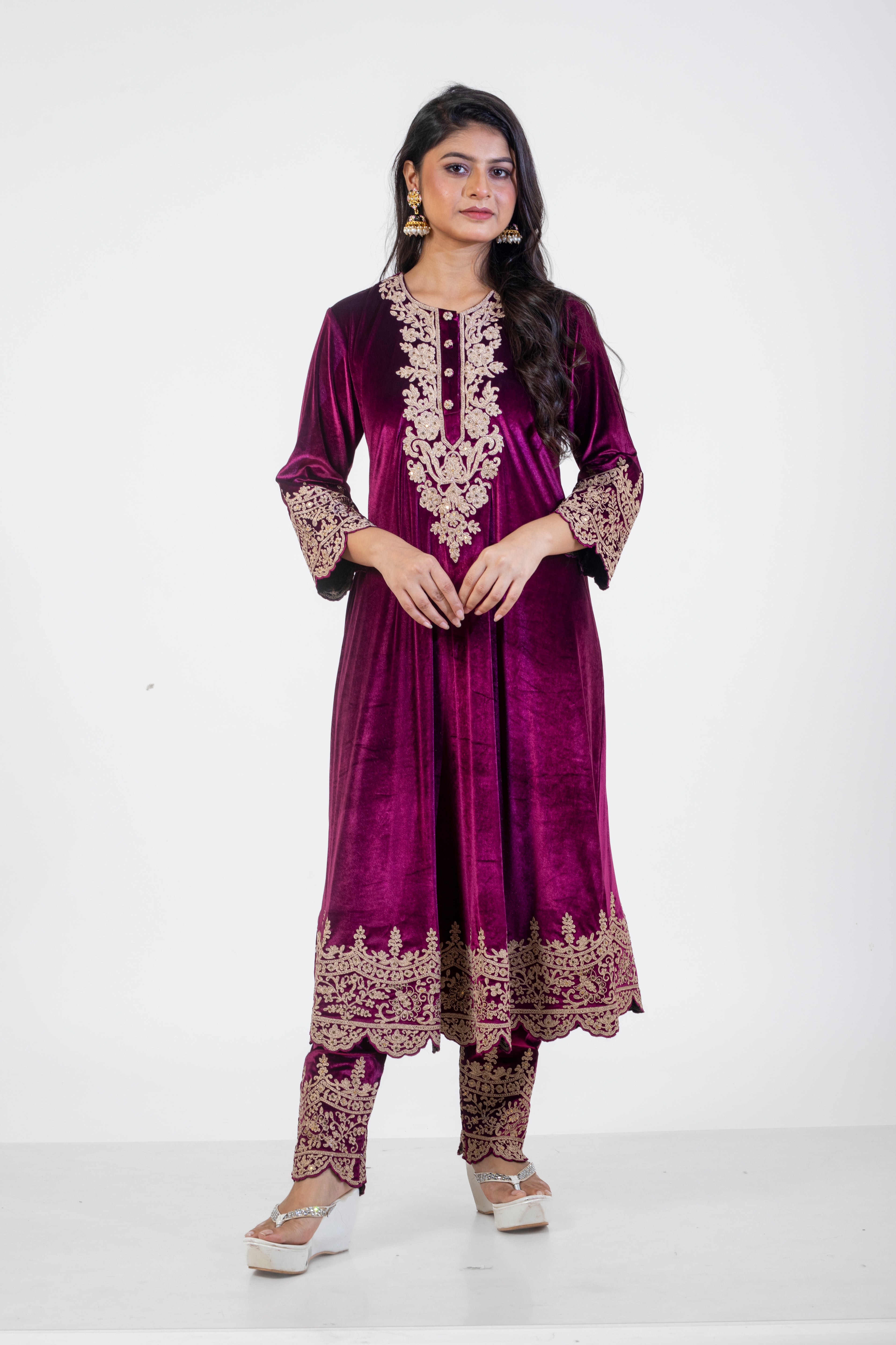 Wine Embroidered Velvet Suit for Women with Dori Work