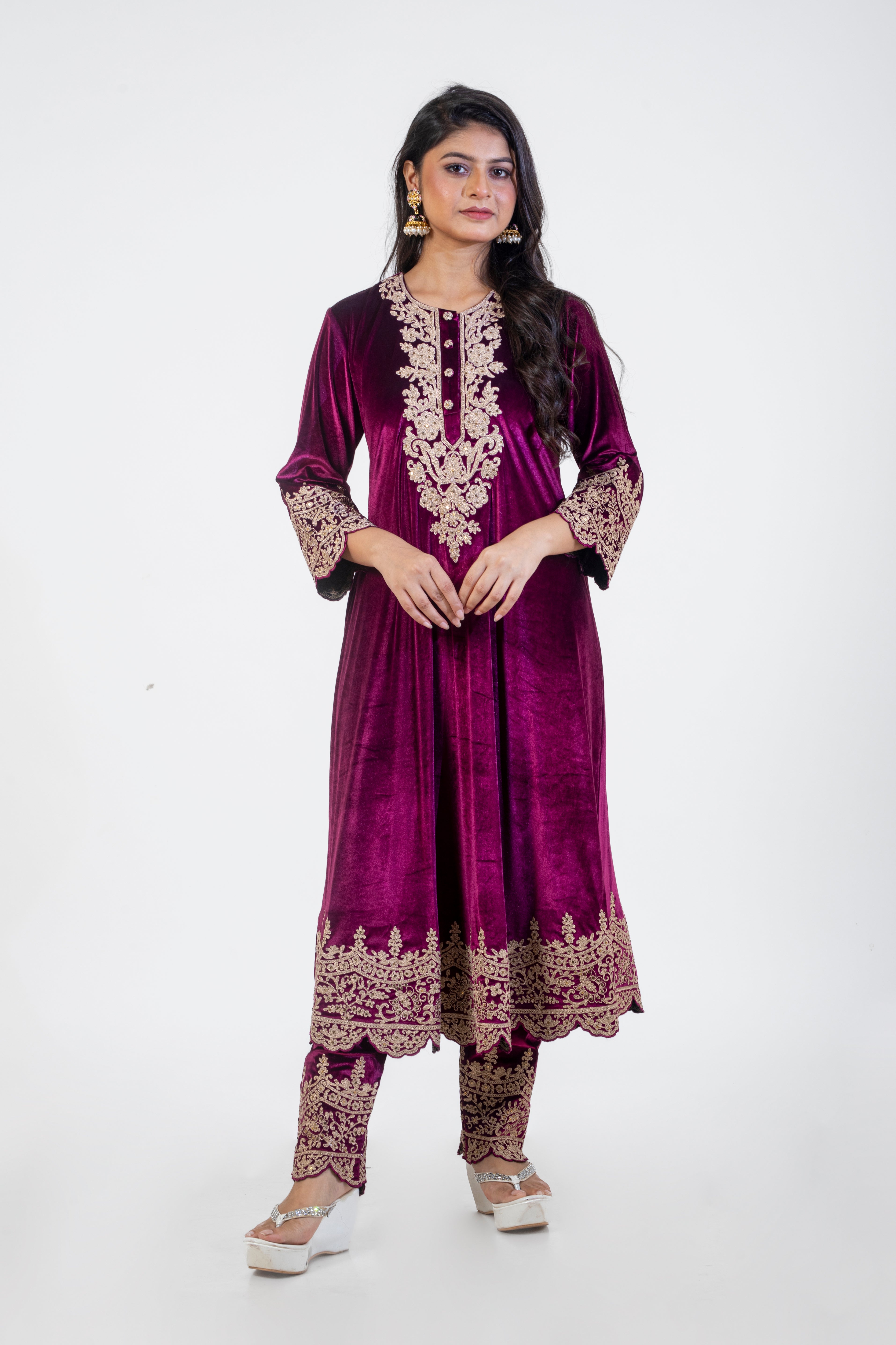 Wine Embroidered Velvet Anarkali Suit Set with Dori Work