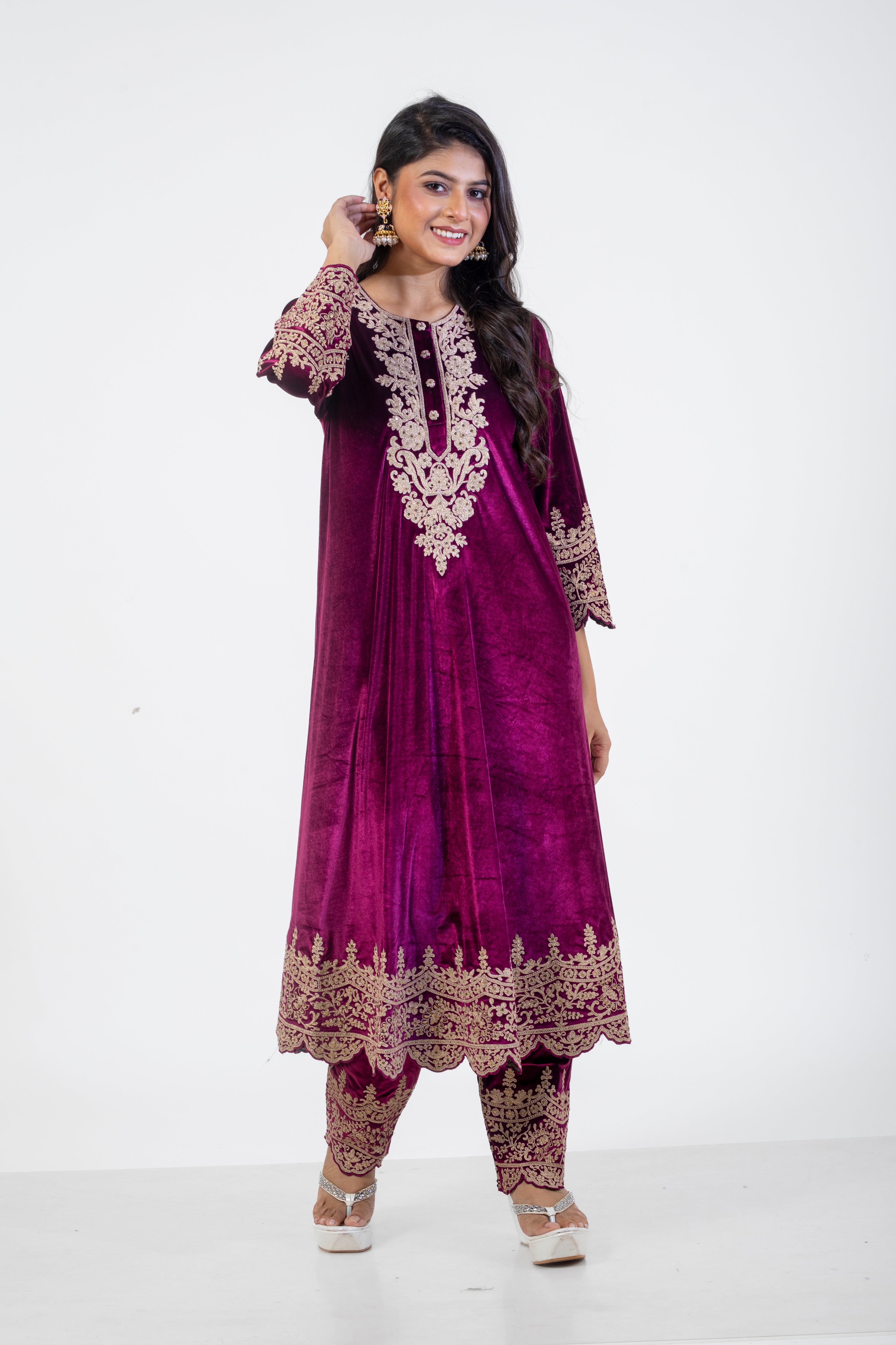 Wine Embroidered Velvet Suit for Women with Dori Work