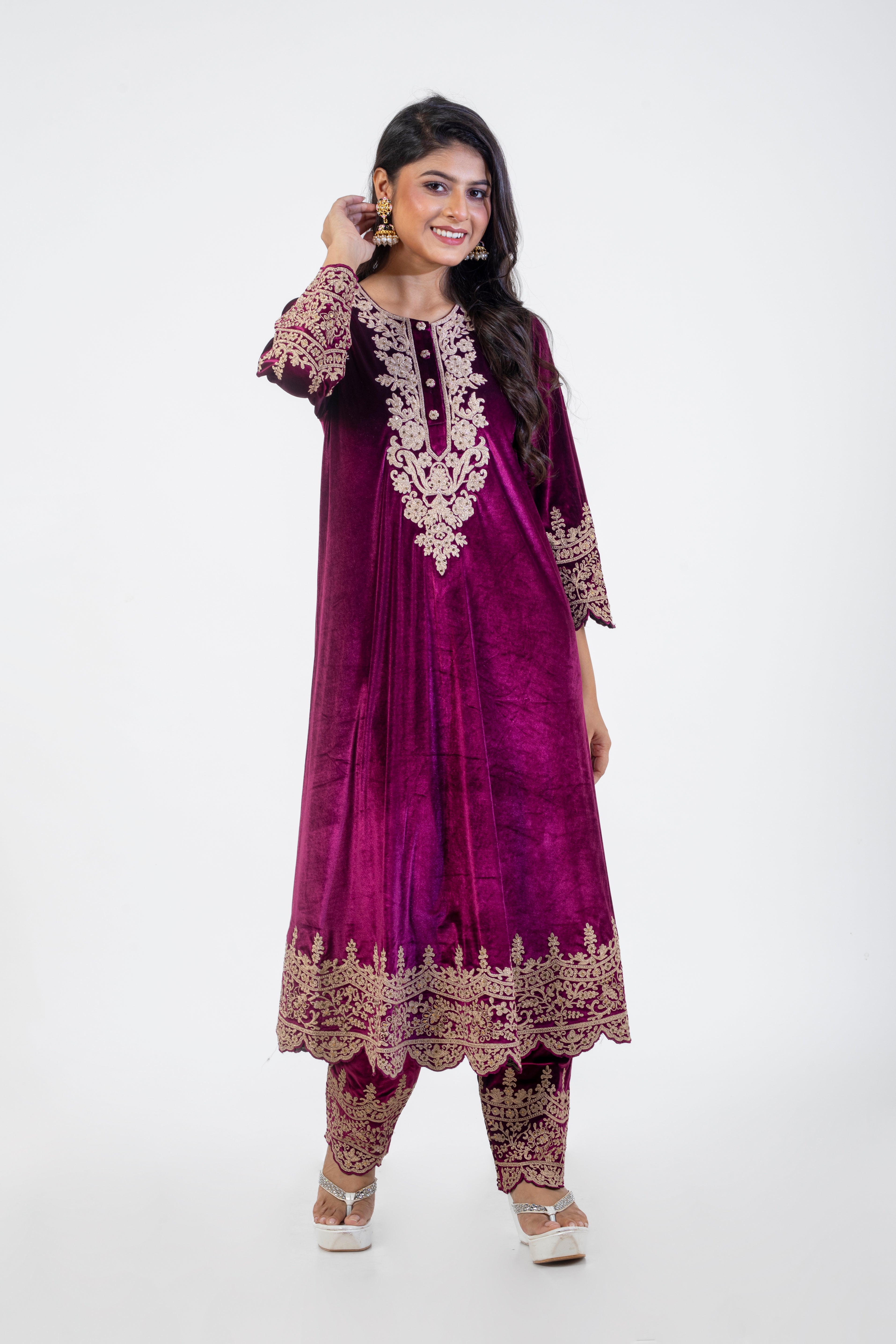 Wine Embroidered Velvet Anarkali Suit Set with Dori Work