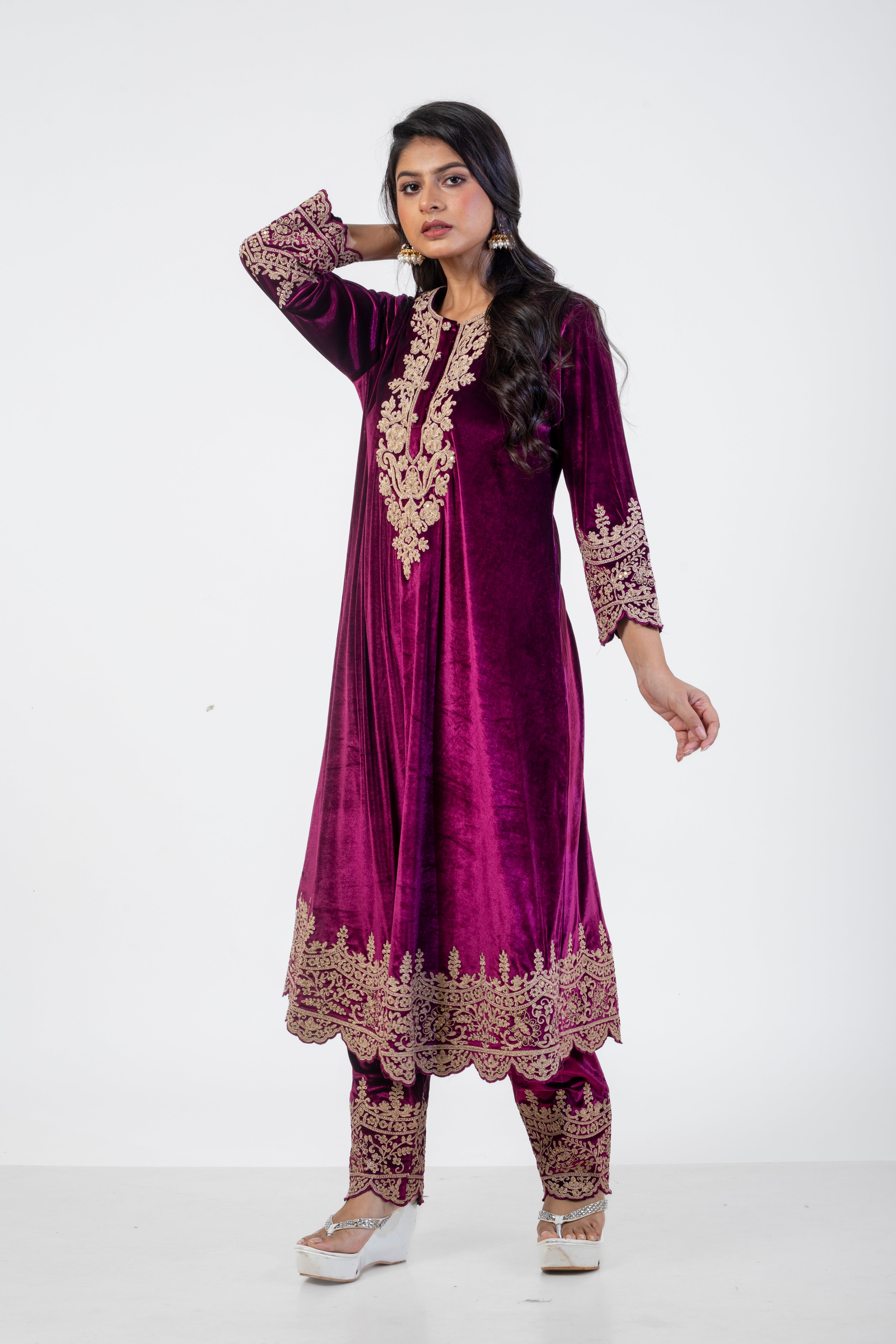 Wine Embroidered Velvet Suit for Women with Dori Work