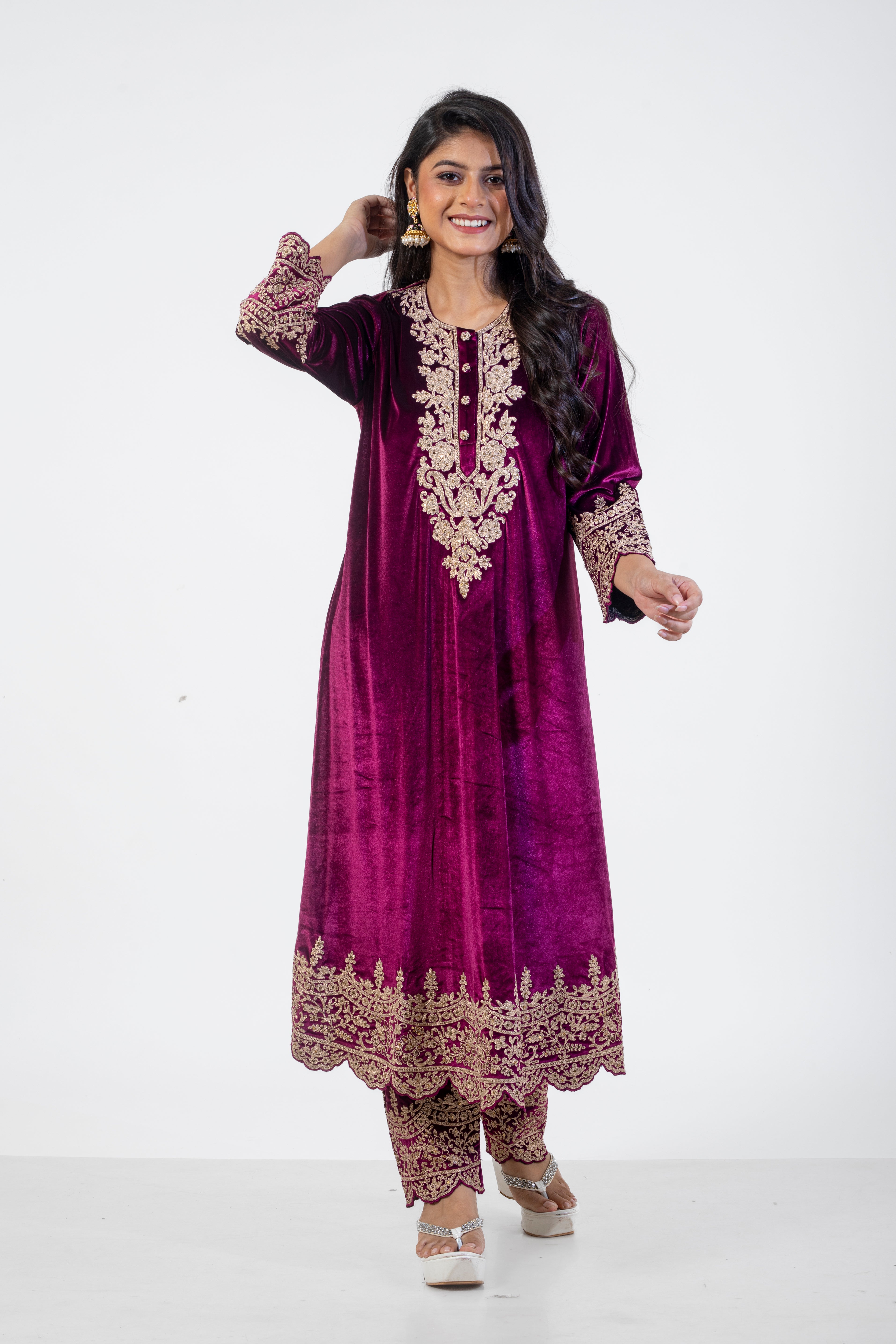 Wine Embroidered Velvet Suit for Women with Dori Work