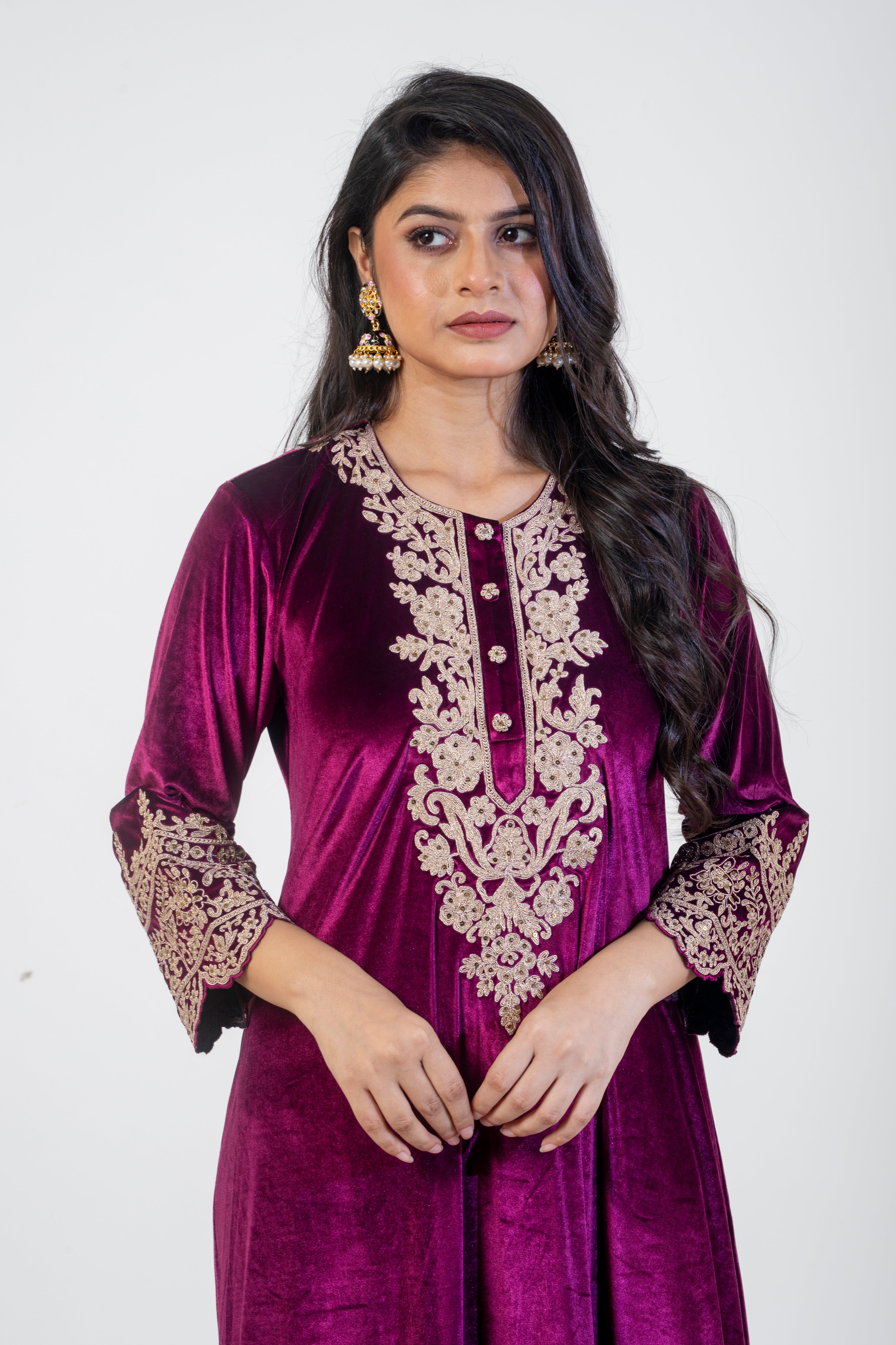 Wine Embroidered Velvet Suit for Women with Dori Work