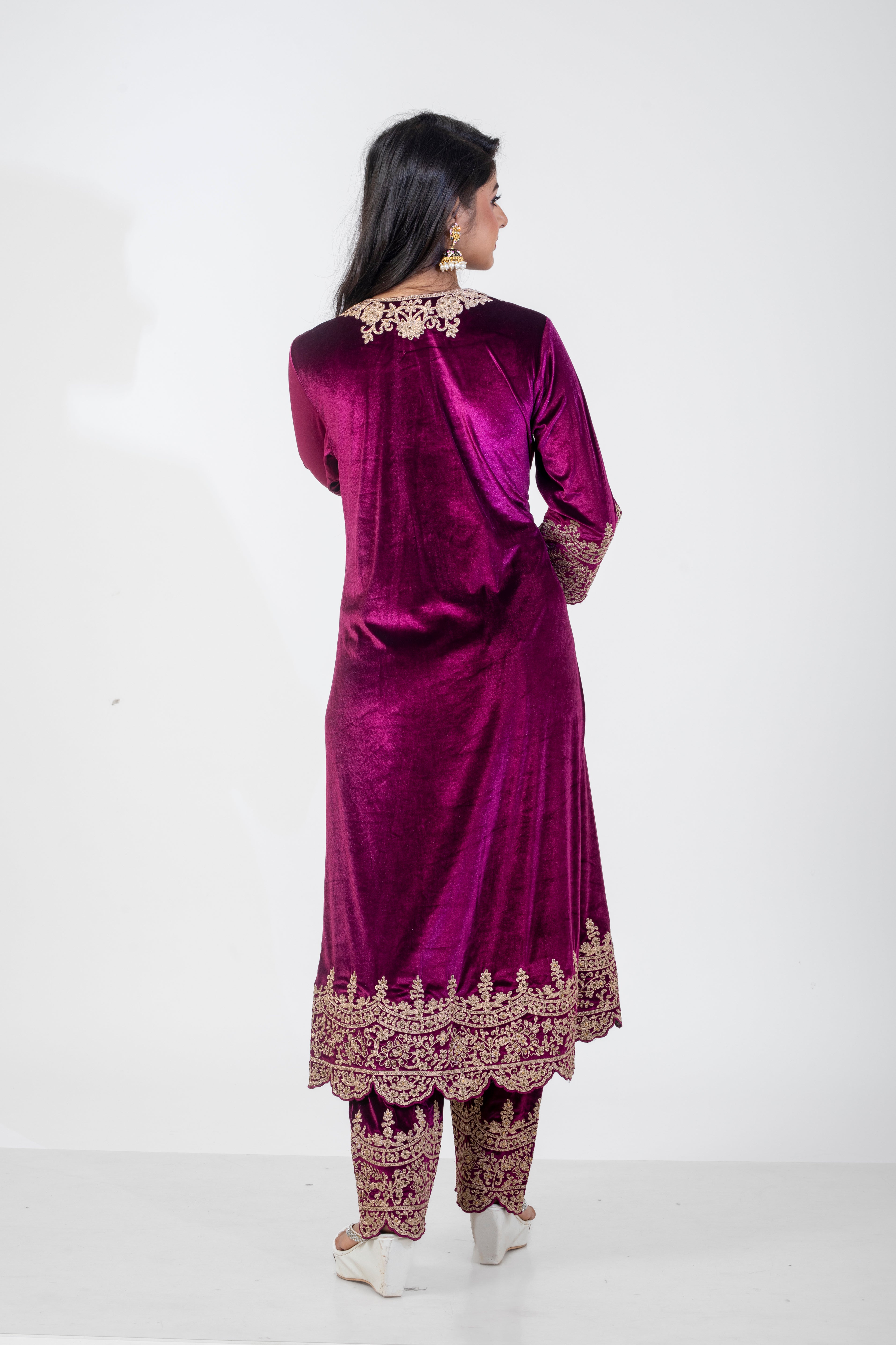 Wine Embroidered Velvet Suit for Women with Dori Work