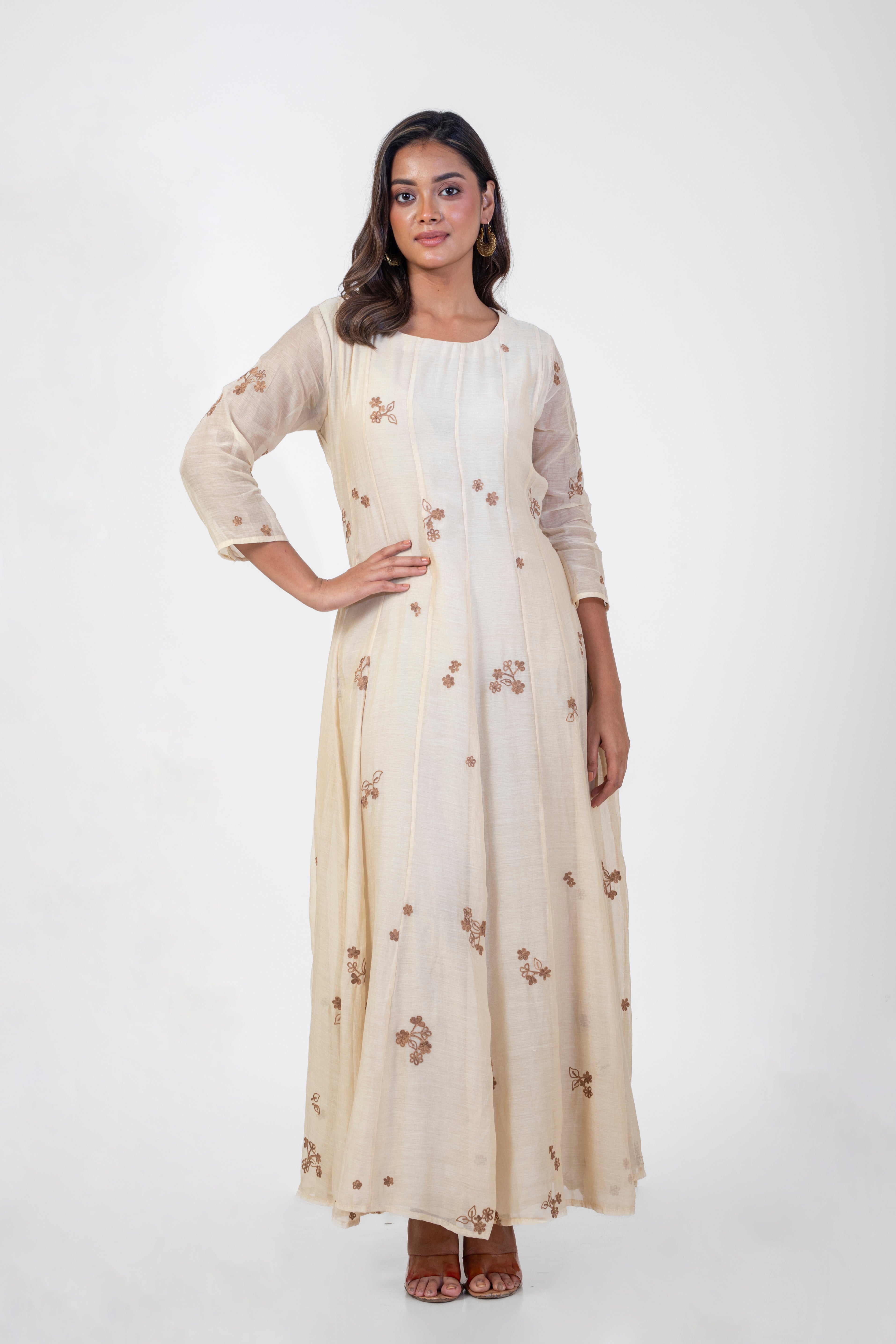 Beige Chanderi Embroidered Gown with Ari Work