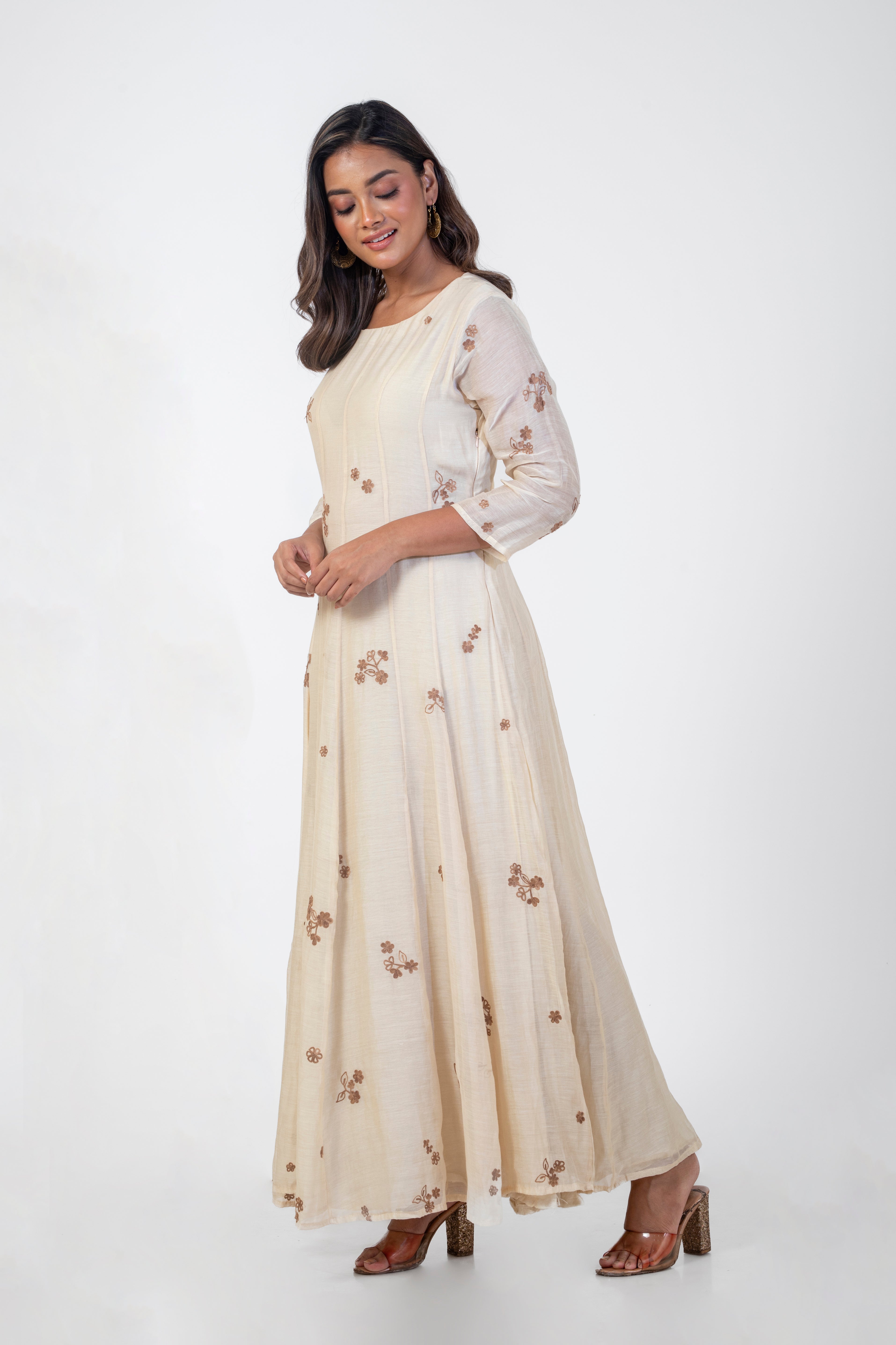 Beige Chanderi Embroidered Gown with Ari Work