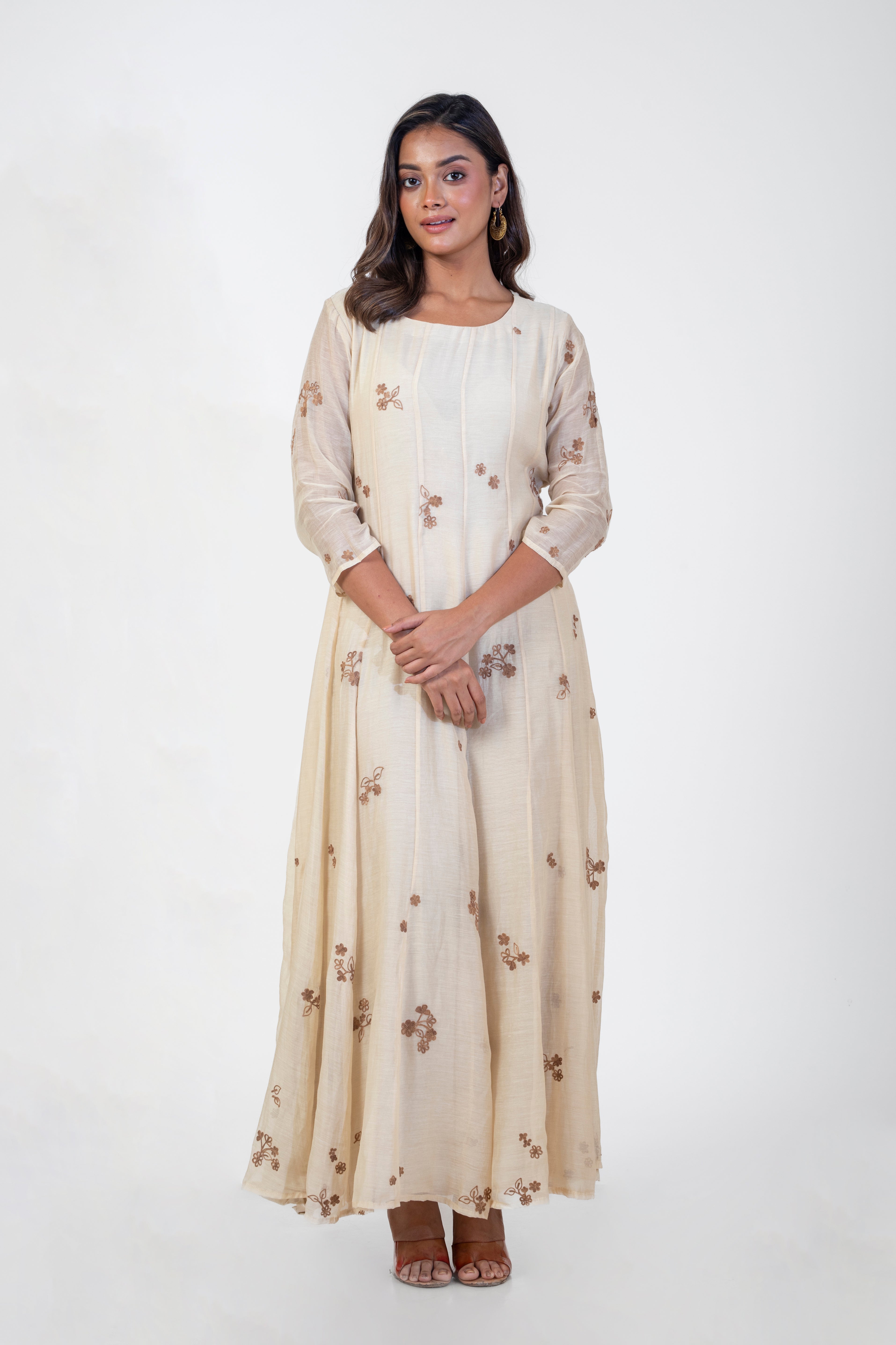 Elegant Beige Chanderi Anarkali with Ari Embroidery Work