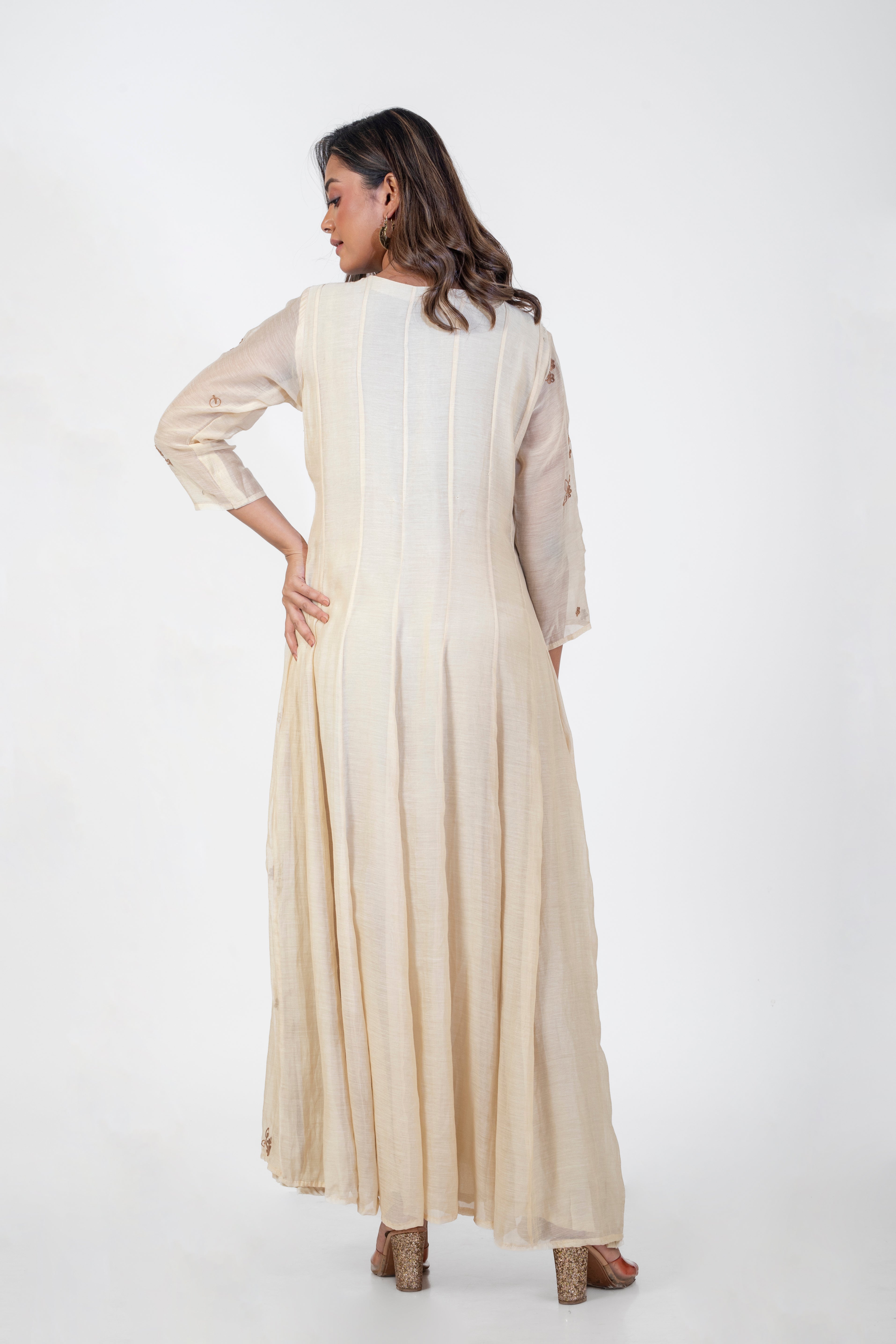 Elegant Beige Chanderi Anarkali with Ari Embroidery Work