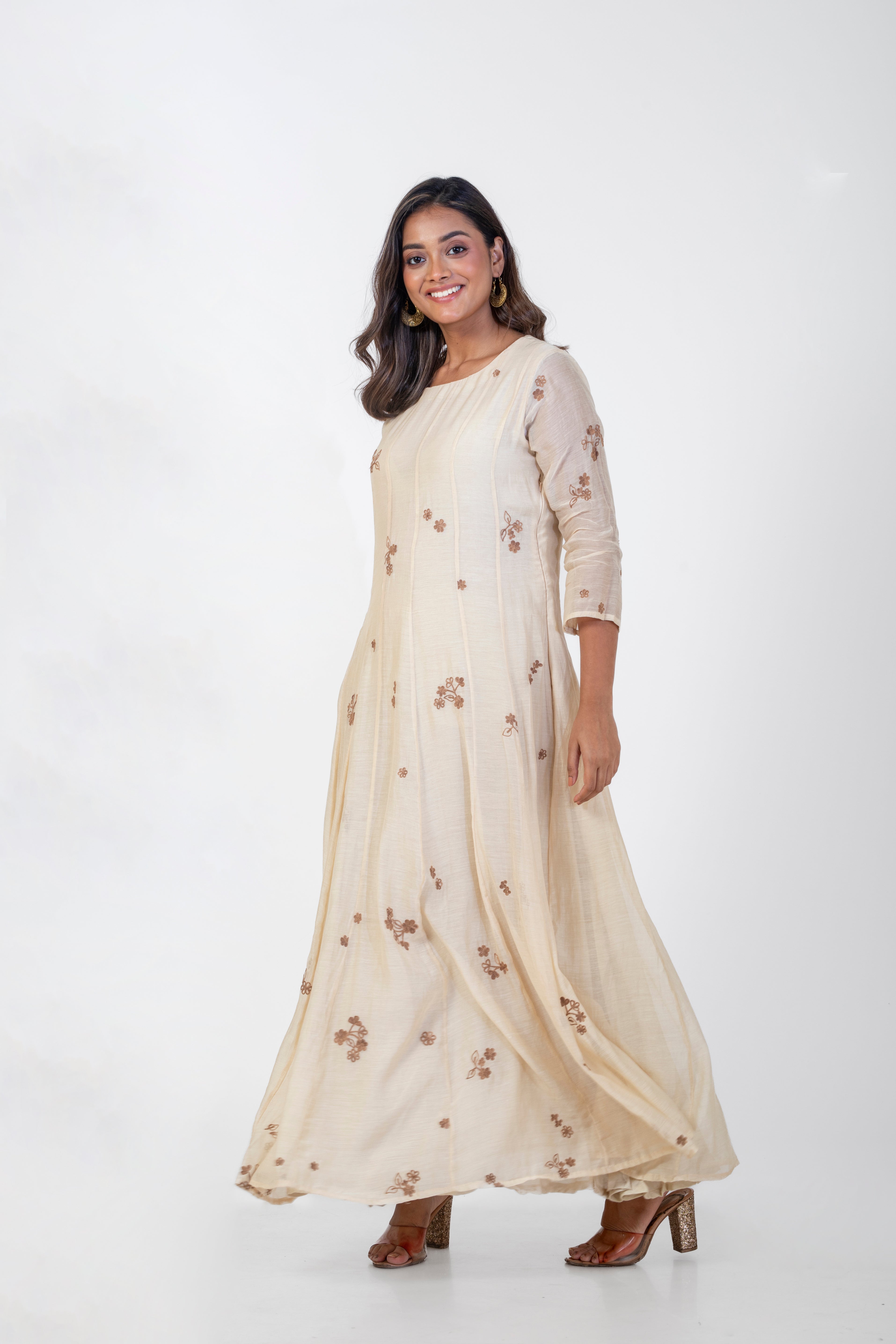 Elegant Beige Chanderi Anarkali with Ari Embroidery Work