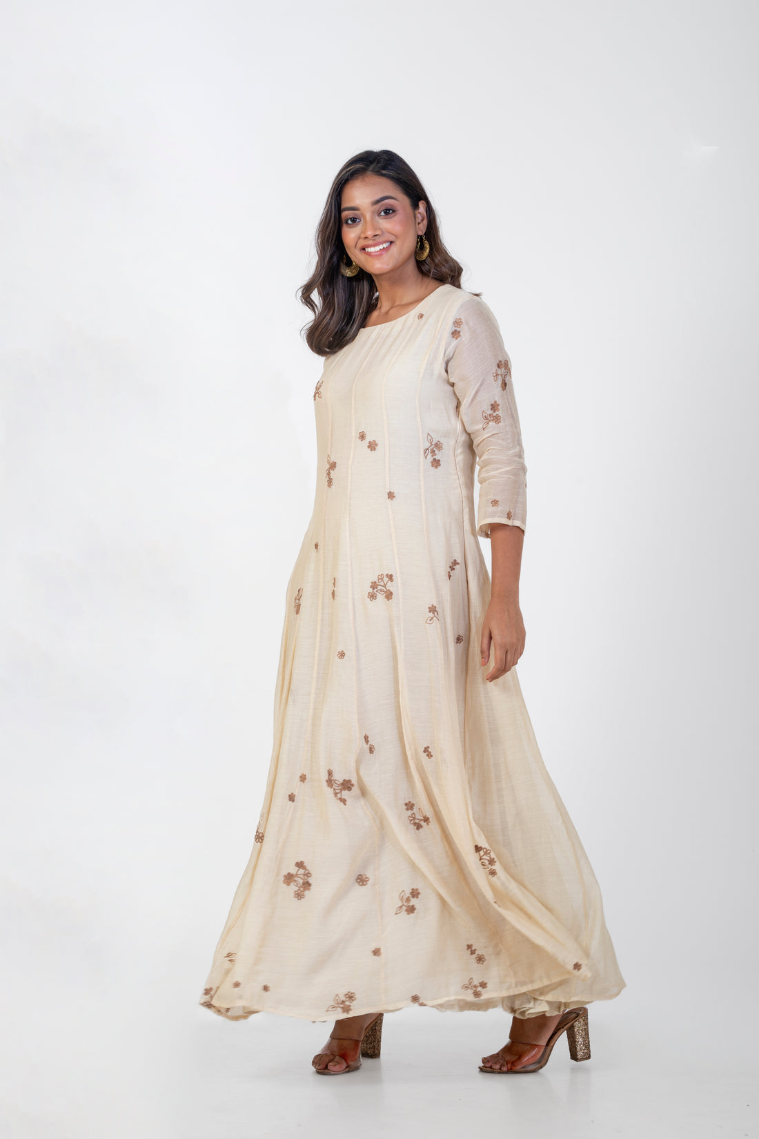 Beige Chanderi Embroidered Gown with Ari Work