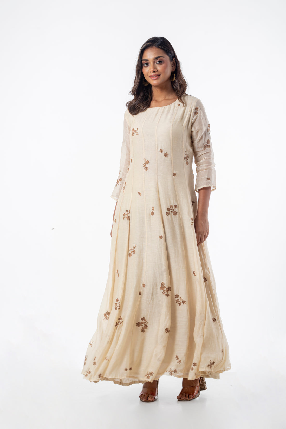 Beige Chanderi Embroidered Gown with Ari Work