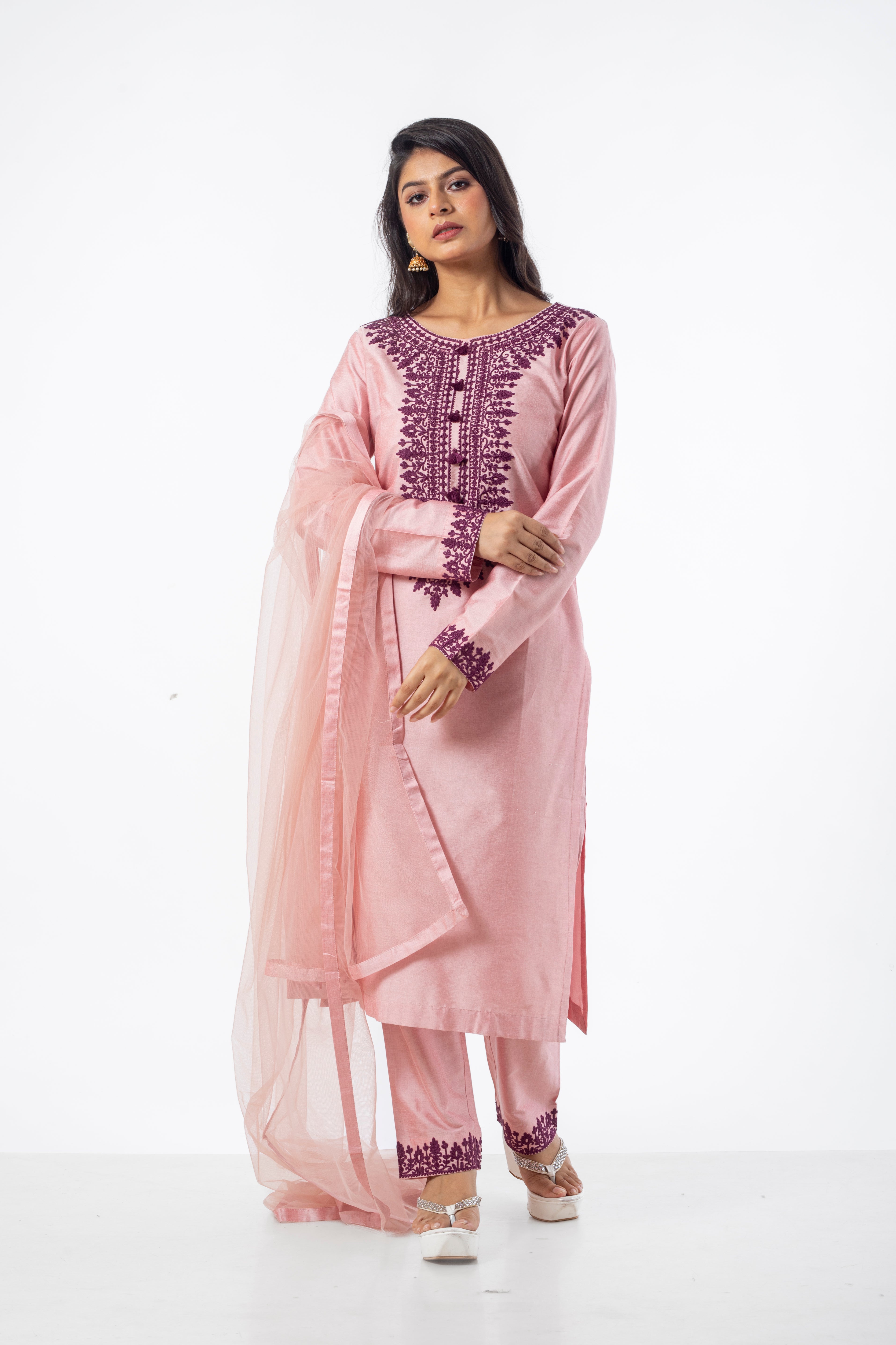 Dusty Pink Kurta Set for Women with Dori Embroidery Work