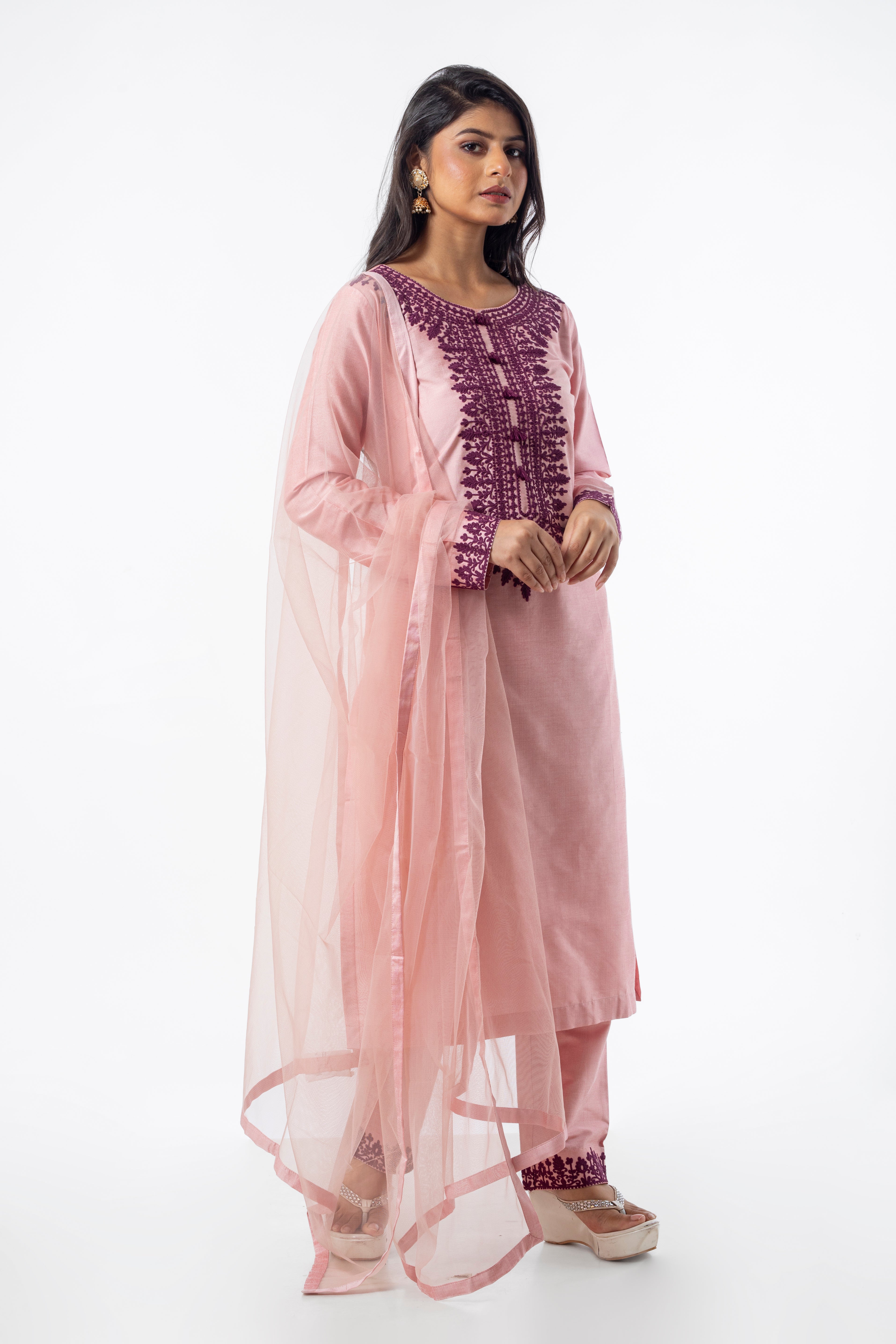 Dusty Pink Kurta Set for Women with Dori Embroidery Work