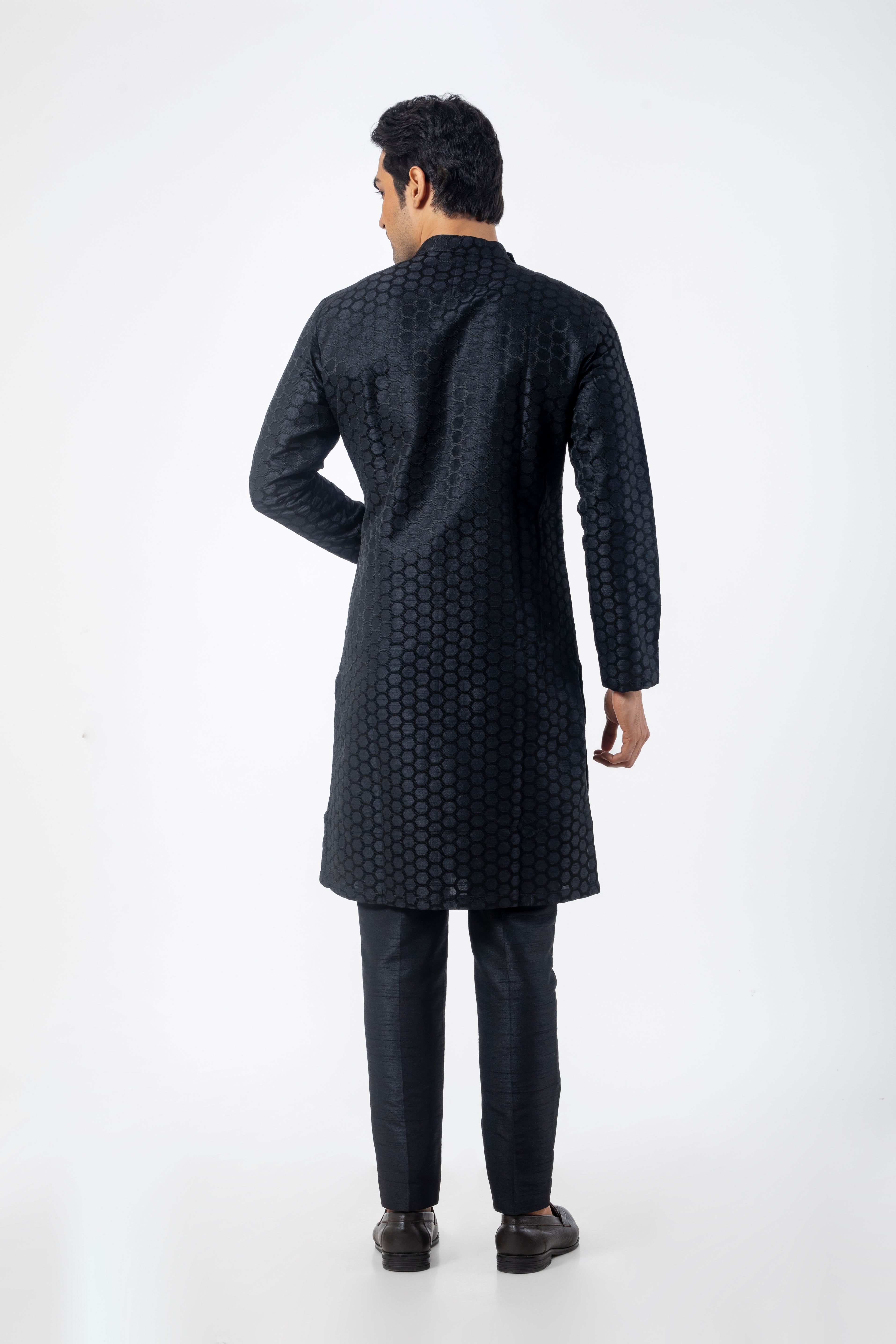 Embroidered Black Kurta Pajama for Men in Seltos Fabric