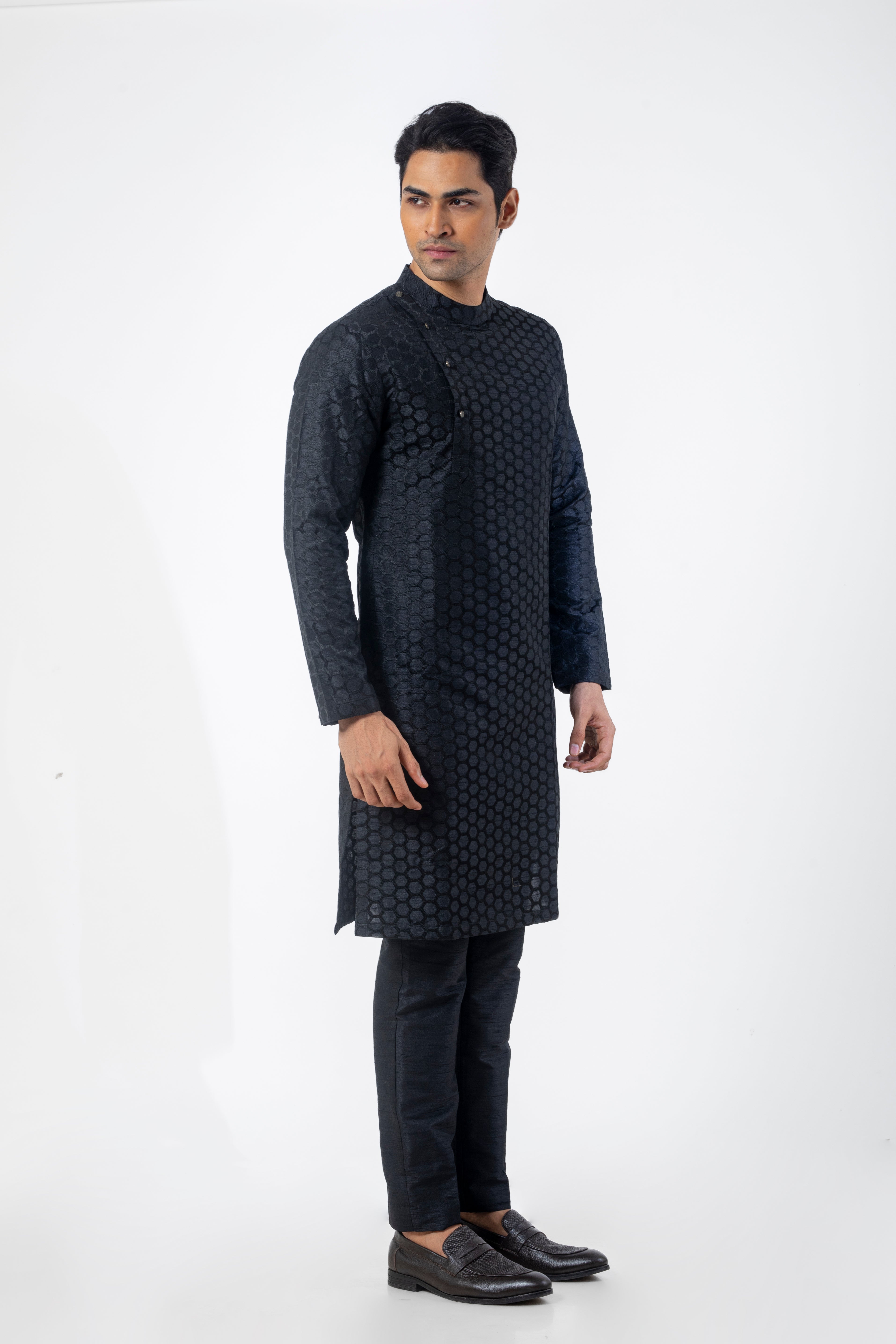 Embroidered Black Kurta Pajama for Men in Seltos Fabric