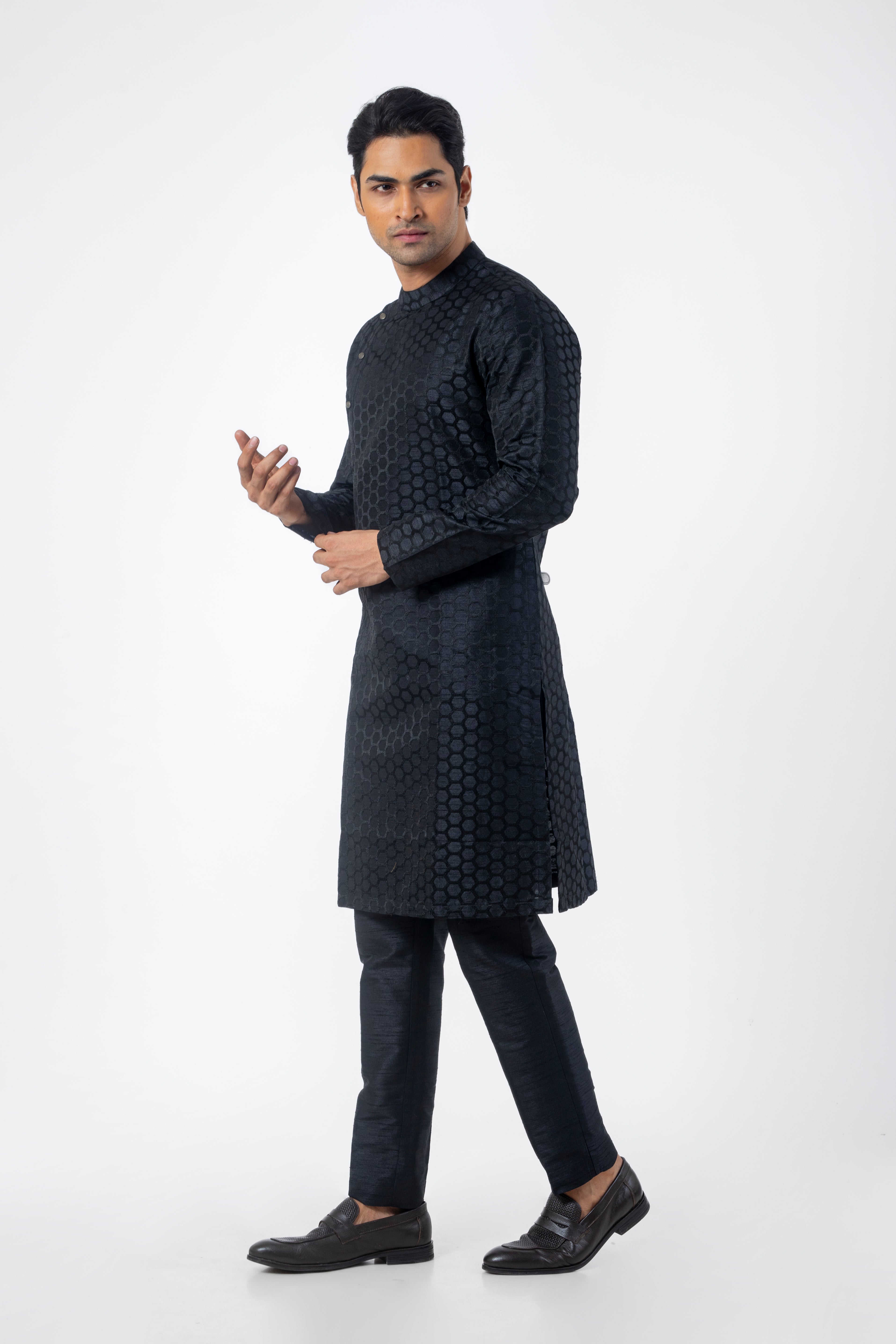 Embroidered Black Kurta Pajama for Men in Seltos Fabric