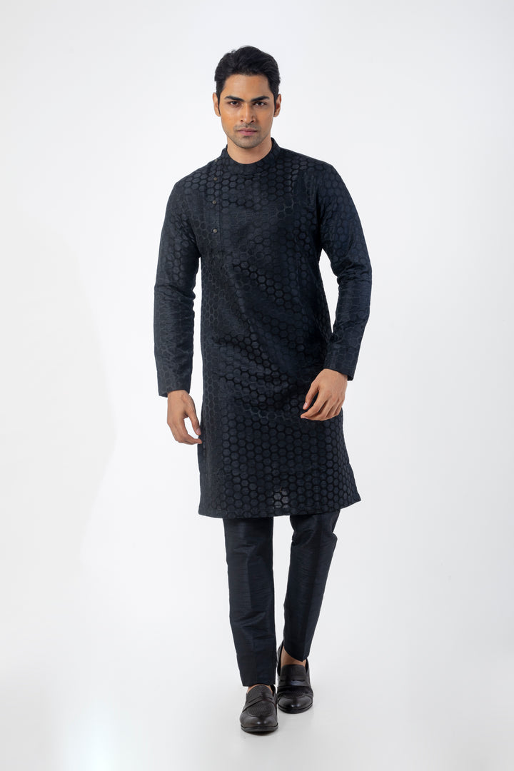 Embroidered Black Kurta Pajama for Men in Seltos Fabric