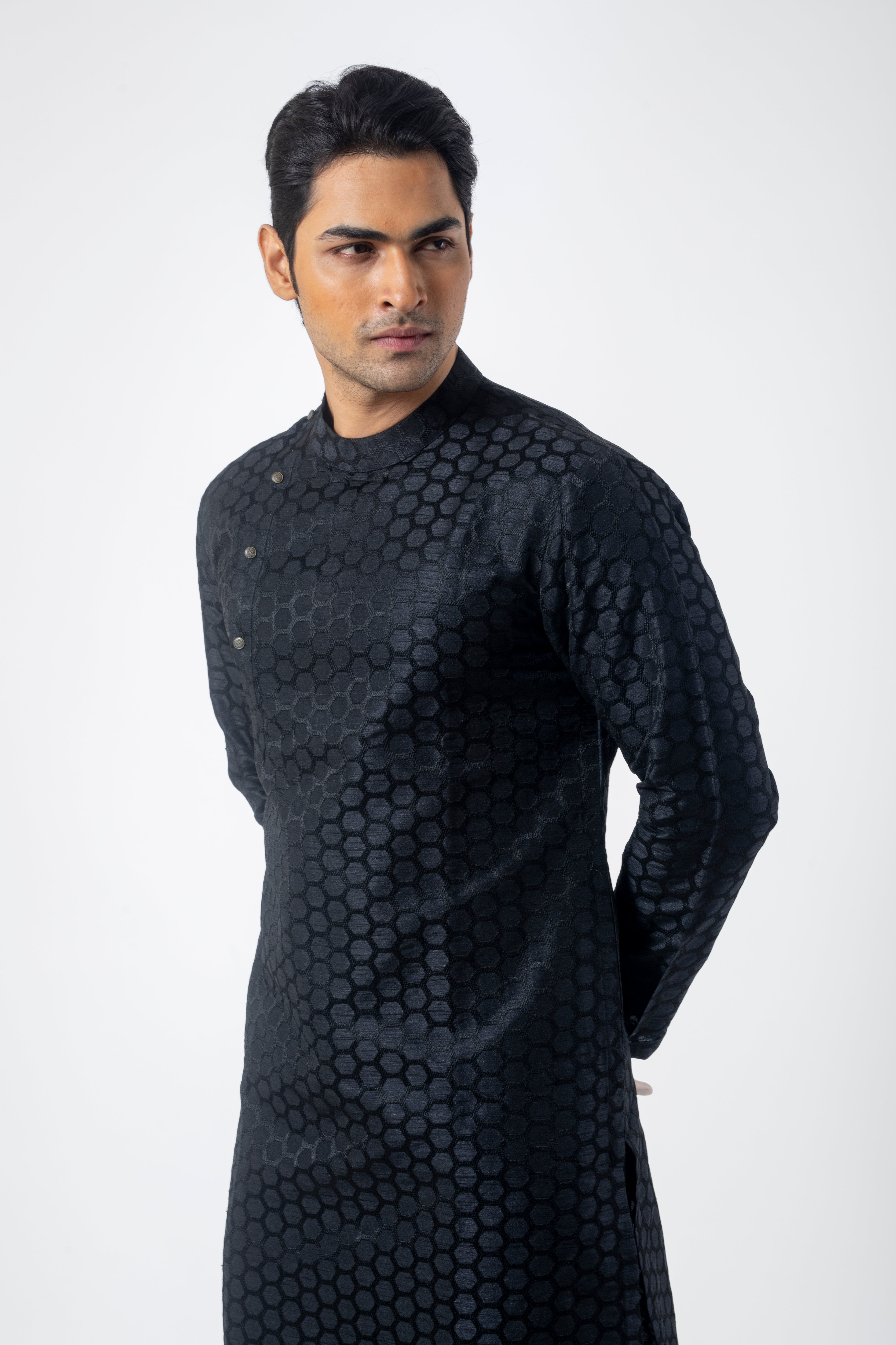 Embroidered Black Kurta Pajama for Men in Seltos Fabric