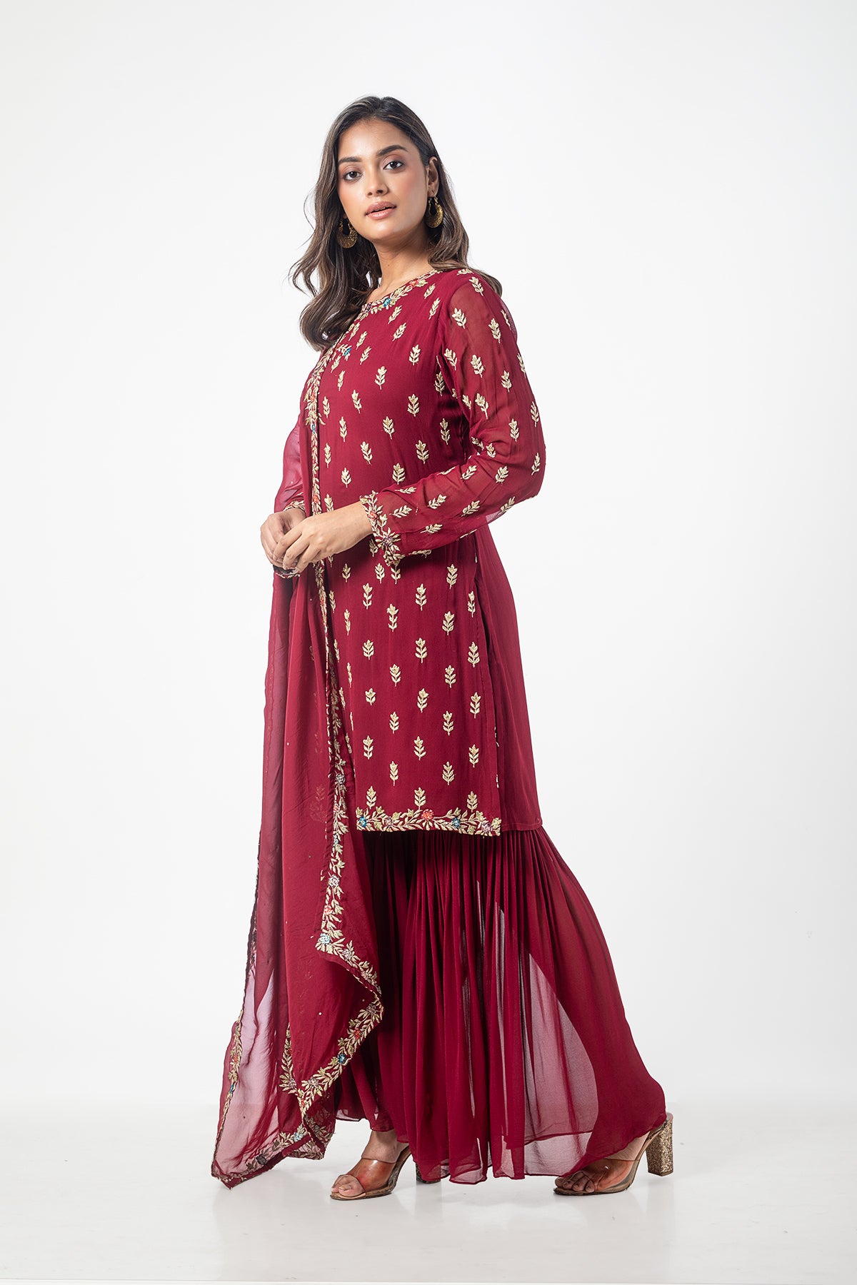 Red Georgette Embroidered Kurta Sharara Dupatta Set with Reshm Badla Work