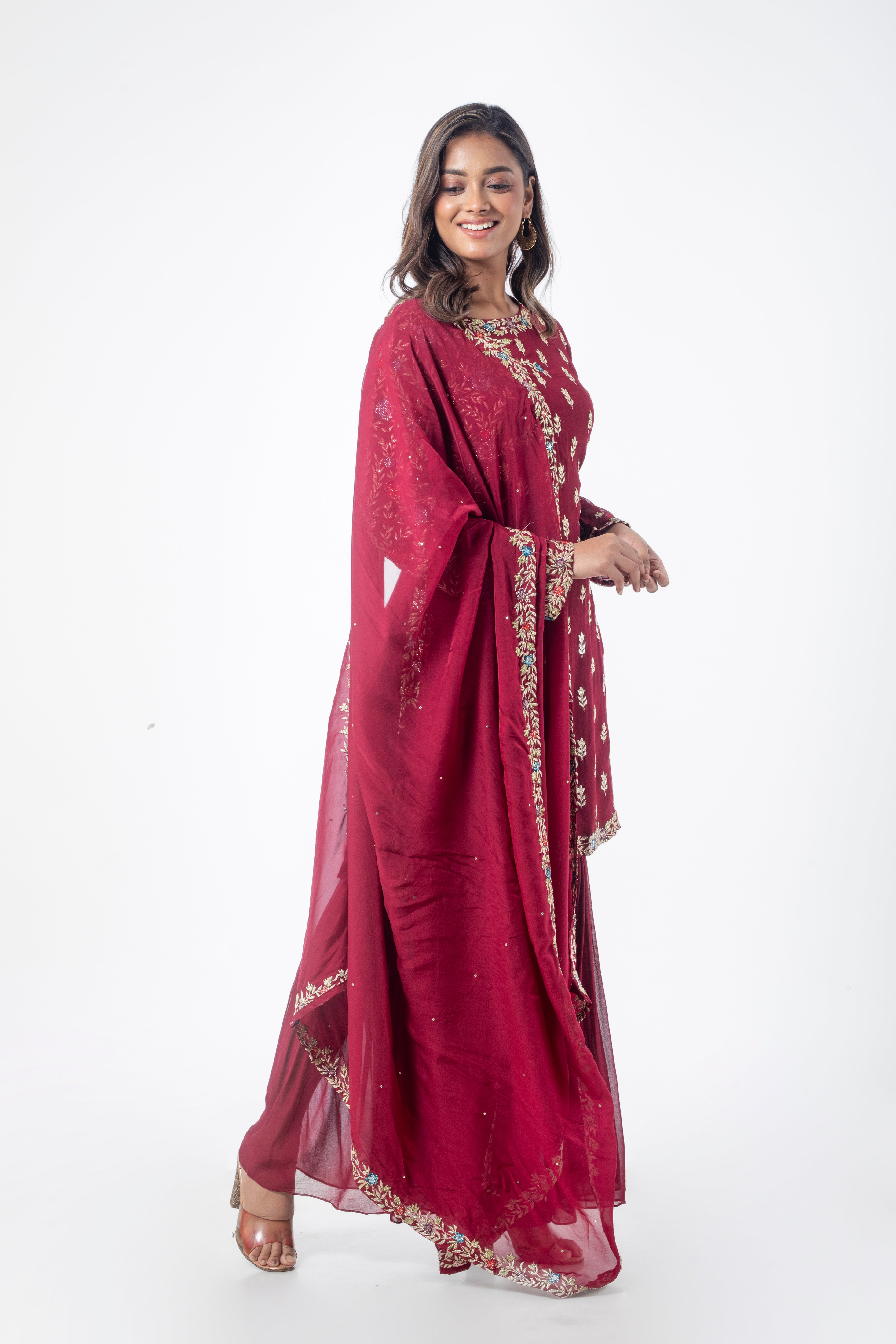 Maroon Georgette Embroidered Kurta Sharara Dupatta Set with Reshm Badla Work