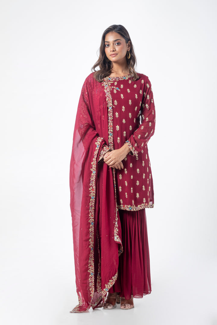 Maroon Georgette Embroidered Kurta Sharara Dupatta Set with Reshm Badla Work