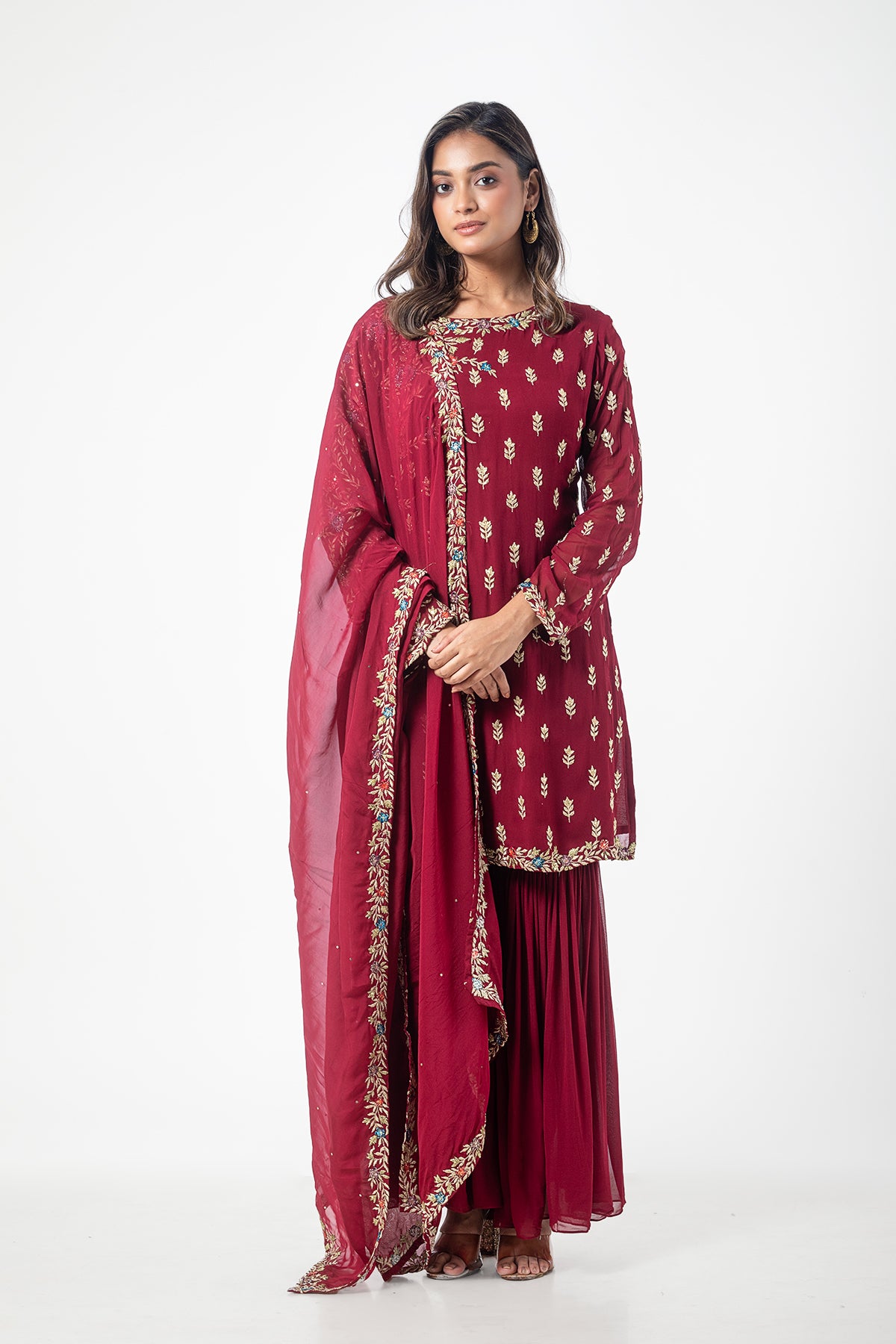 Red Georgette Embroidered Kurta Sharara Dupatta Set with Reshm Badla Work